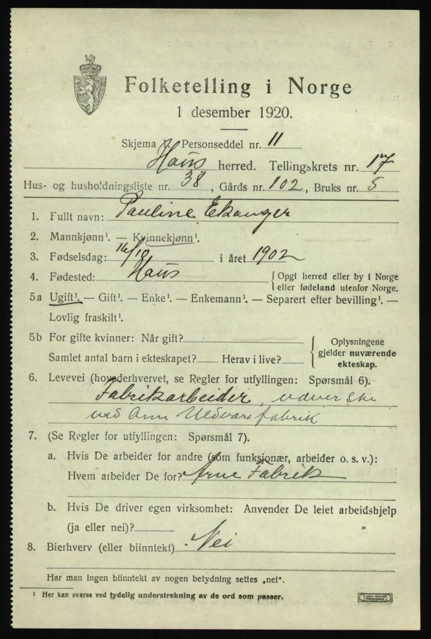 SAB, 1920 census for Haus, 1920, p. 11560