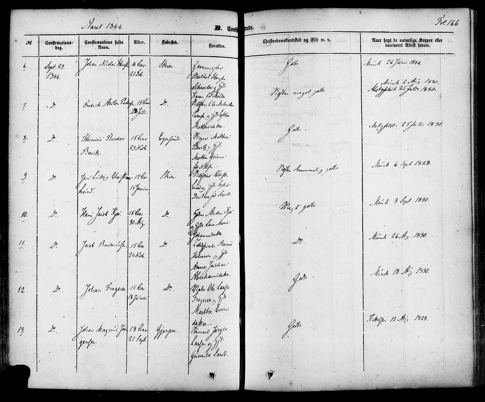 Skien kirkebøker, SAKO/A-302/F/Fa/L0006a: Parish register (official) no. 6A, 1843-1856, p. 166