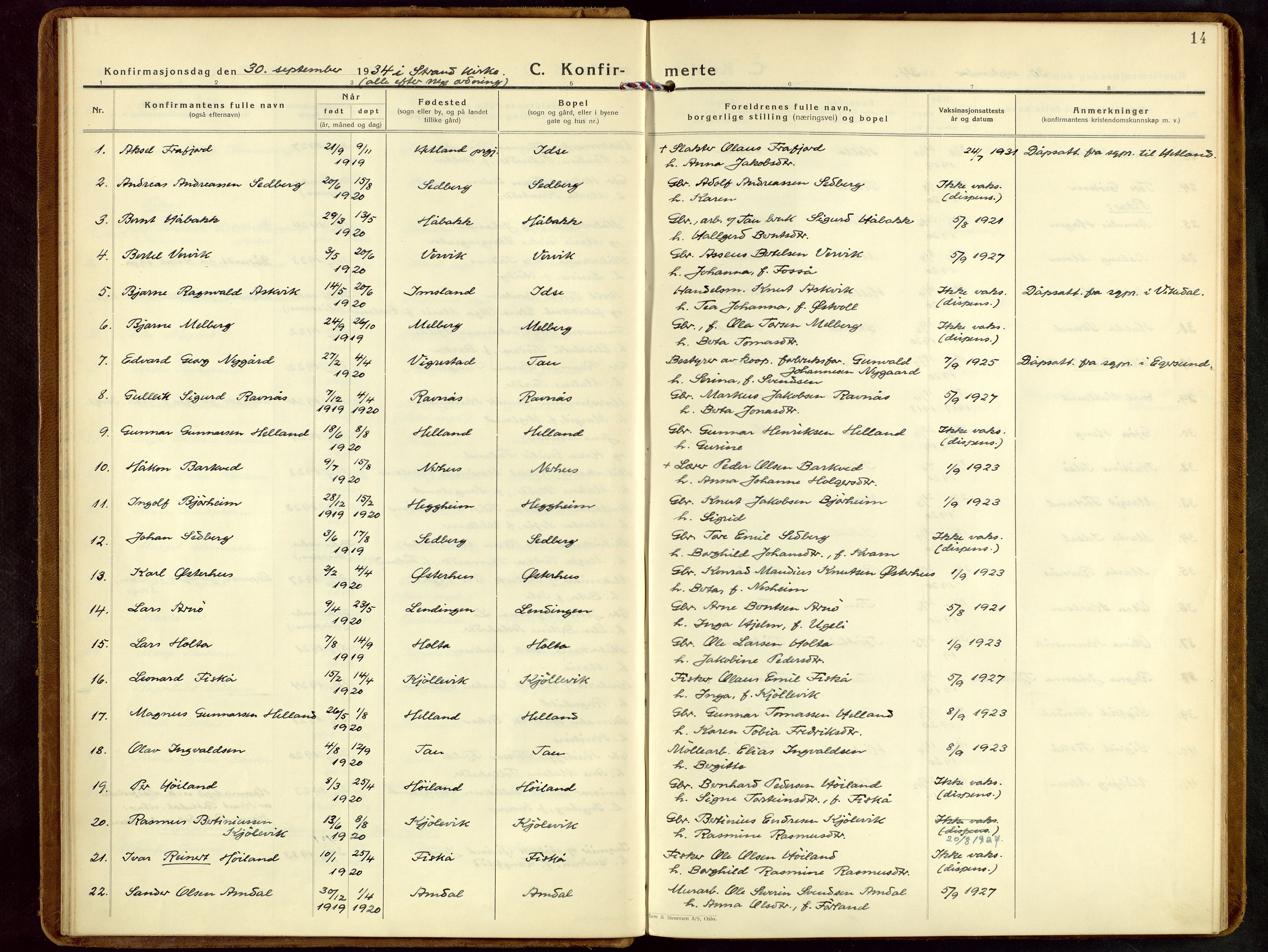 Strand sokneprestkontor, SAST/A-101828/H/Ha/Haa/L0013: Parish register (official) no. A 13, 1931-1961, p. 14