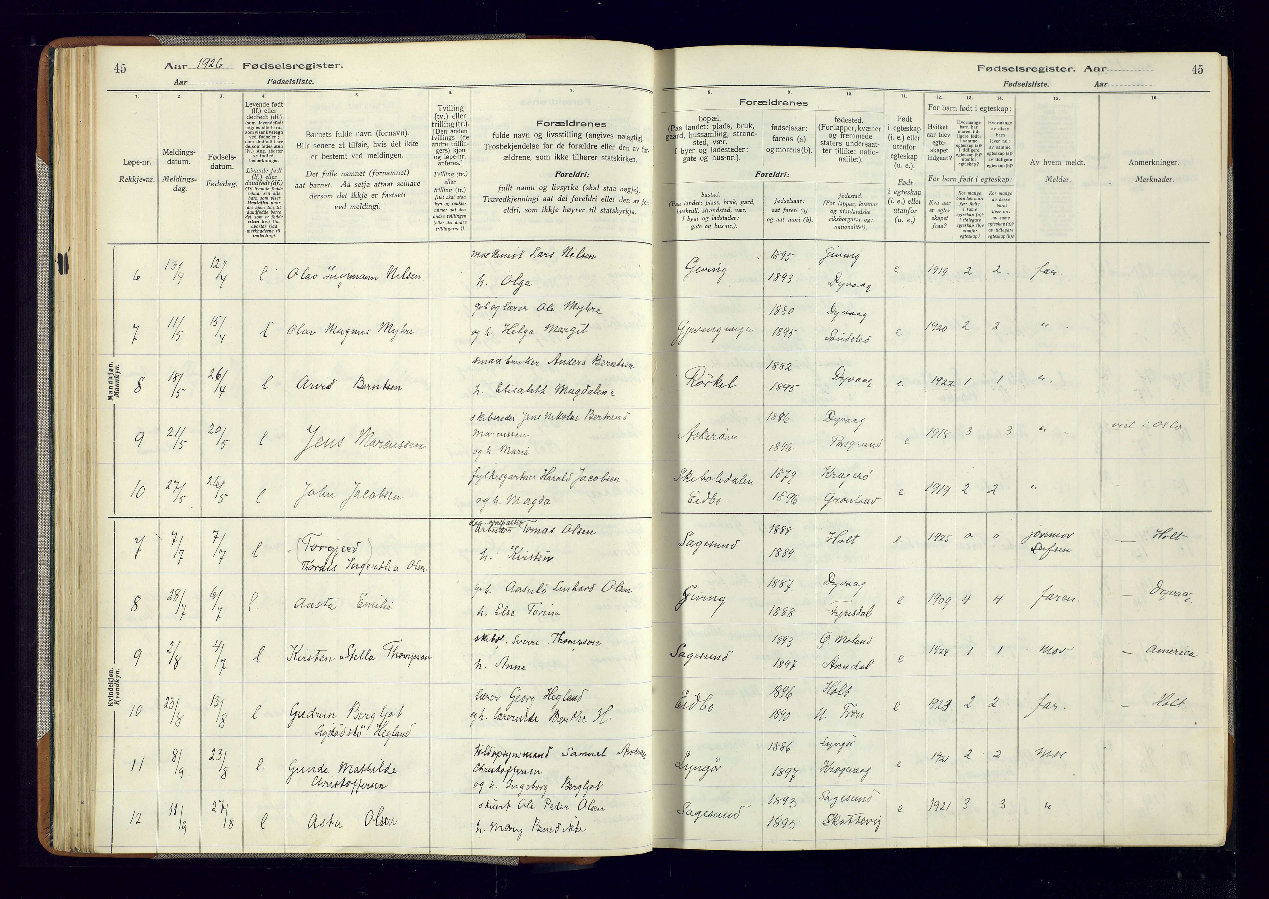 Dypvåg sokneprestkontor, AV/SAK-1111-0007/J/Ja/L0001: Birth register no. II.4.3, 1916-1975, p. 45