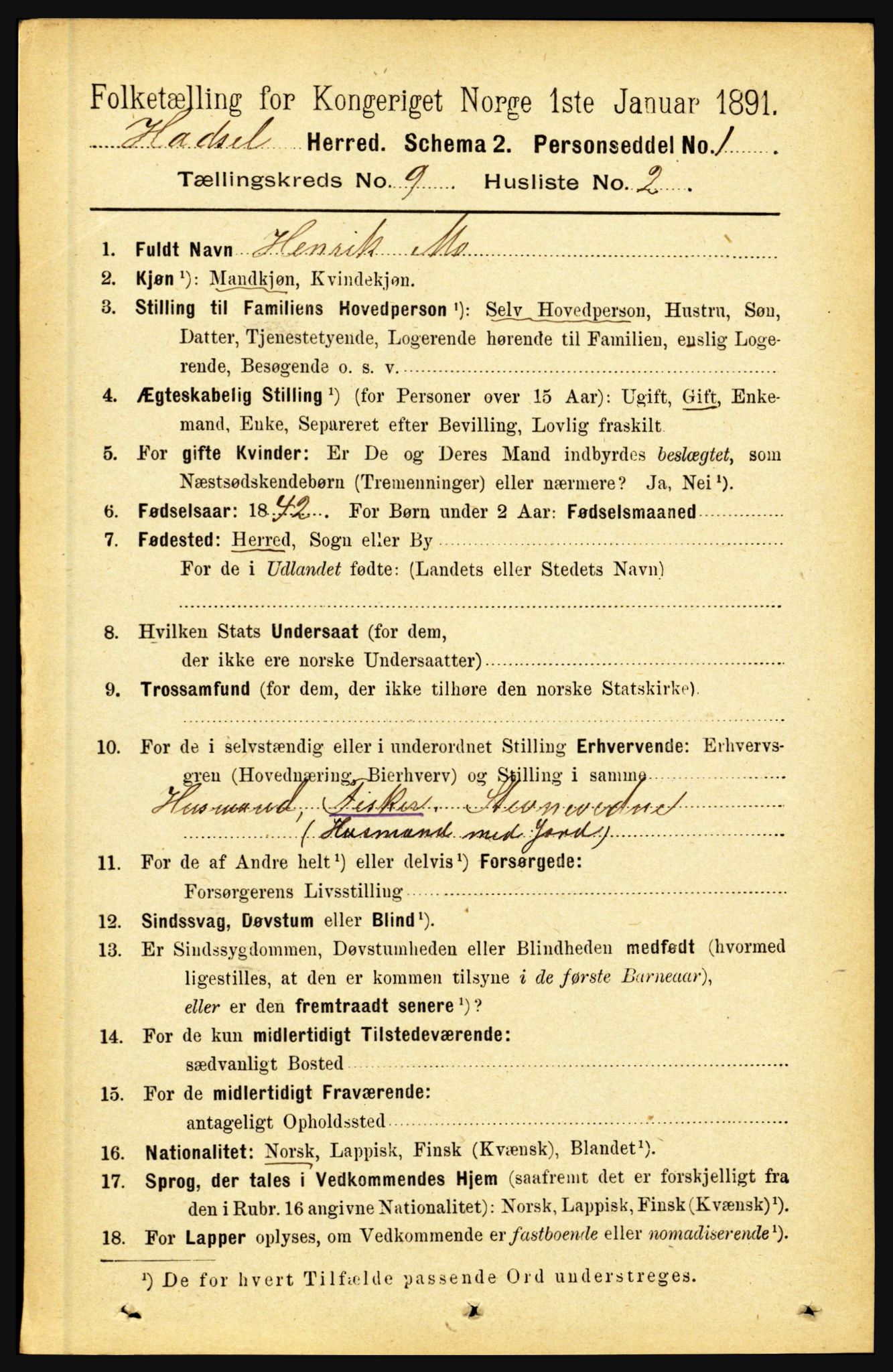 RA, 1891 census for 1866 Hadsel, 1891, p. 3920