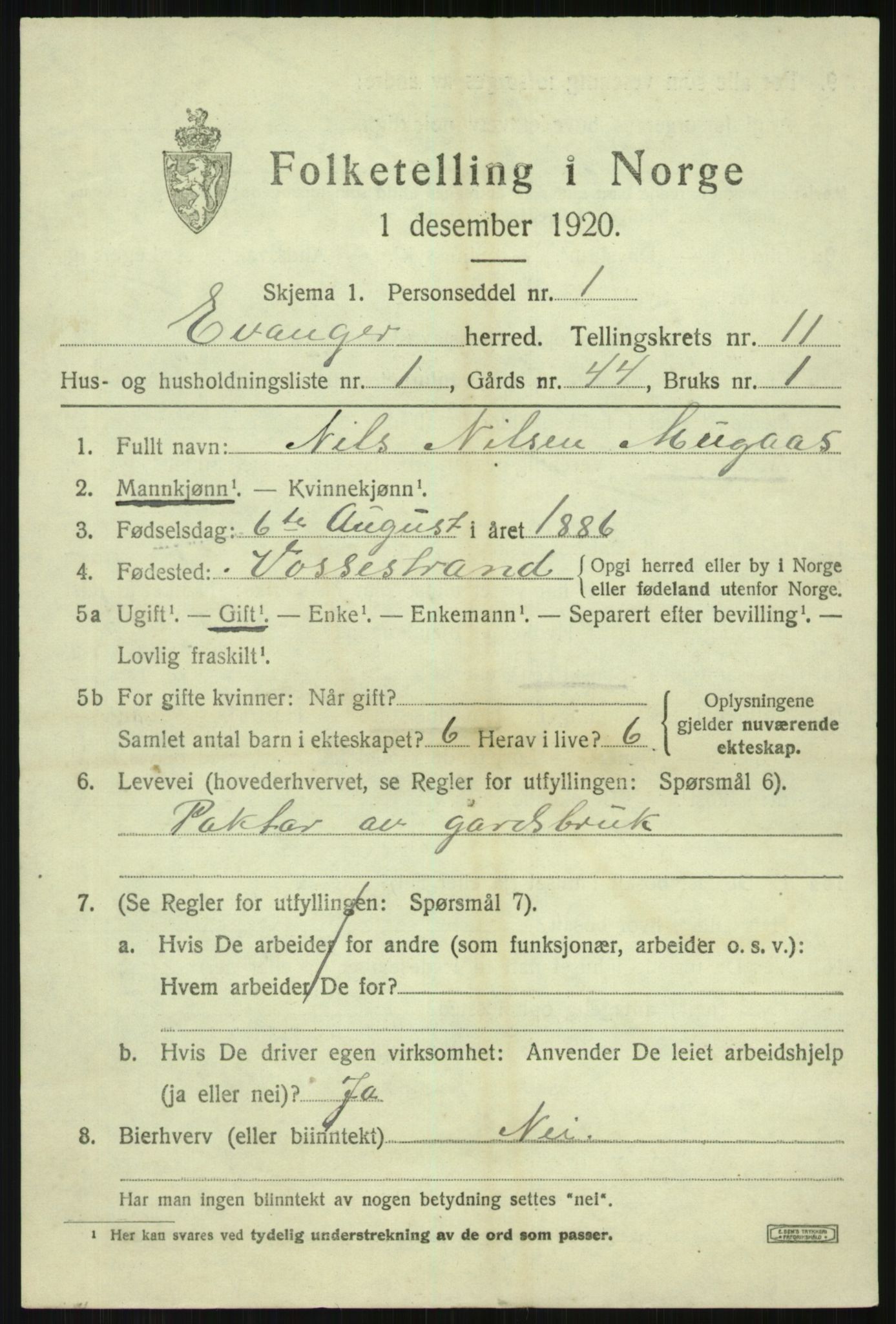 SAB, 1920 census for Evanger, 1920, p. 3563
