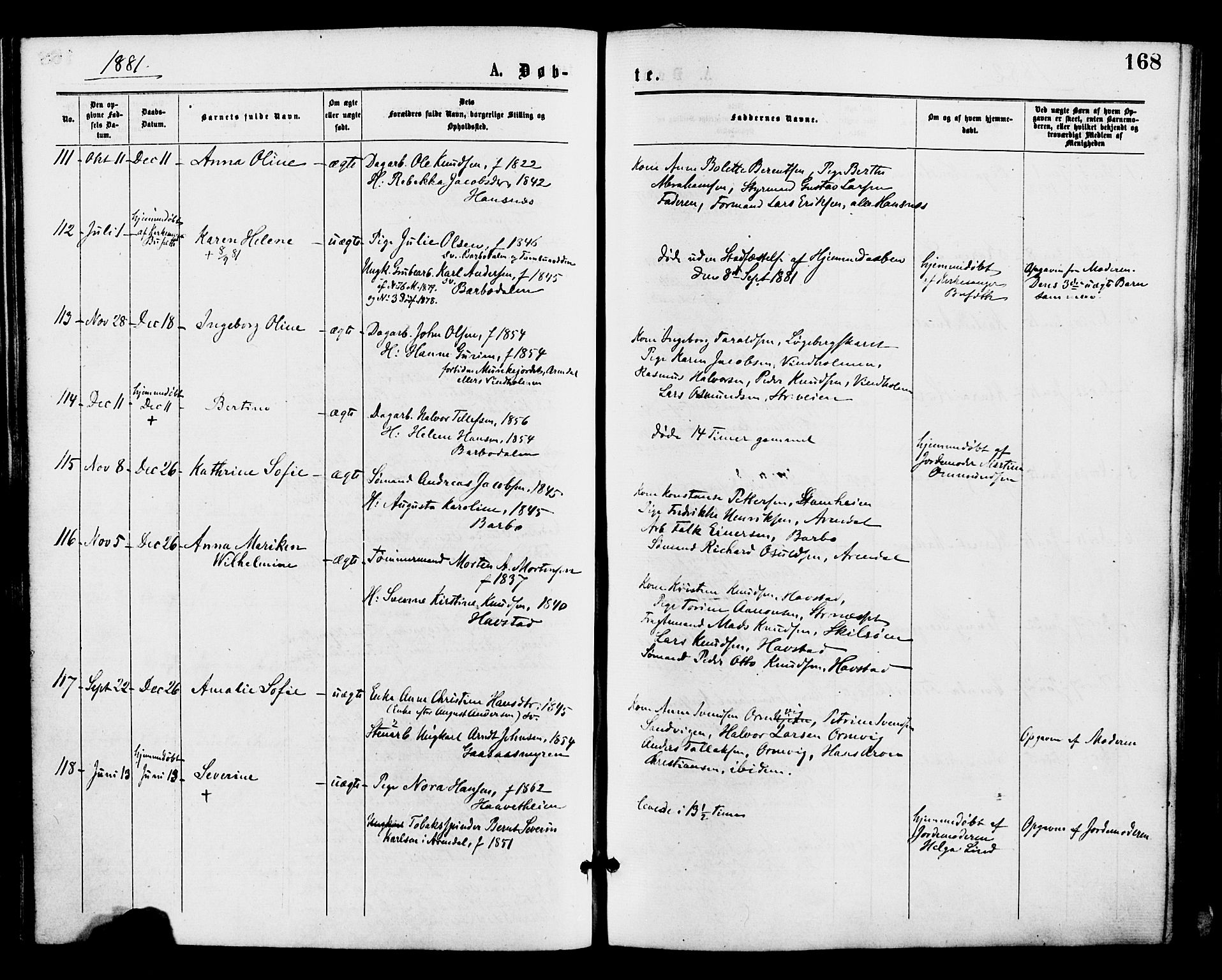 Barbu sokneprestkontor, AV/SAK-1111-0003/F/Fa/L0001: Parish register (official) no. A 1 /1, 1878-1883, p. 168