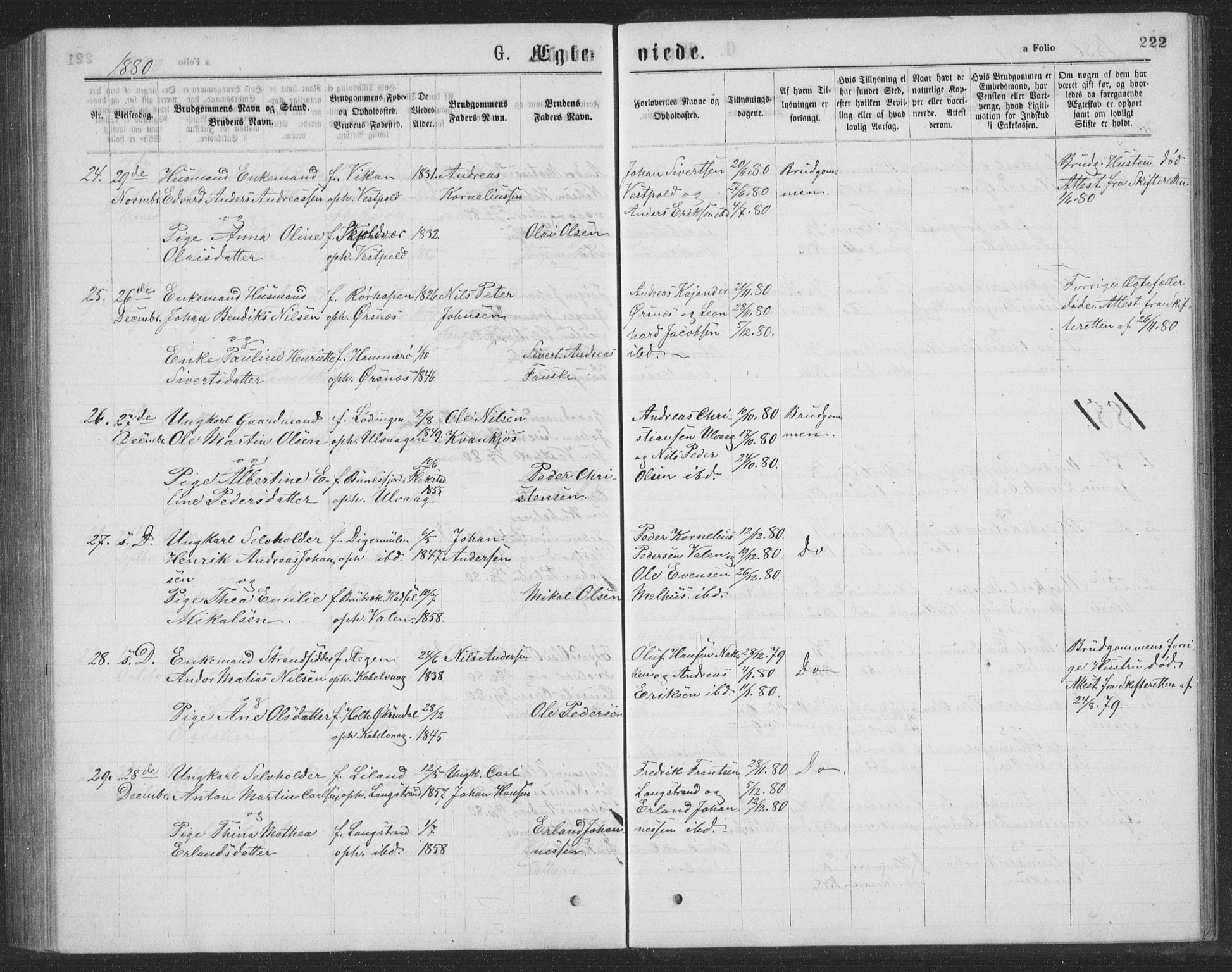 Ministerialprotokoller, klokkerbøker og fødselsregistre - Nordland, AV/SAT-A-1459/874/L1075: Parish register (copy) no. 874C04, 1876-1883, p. 222