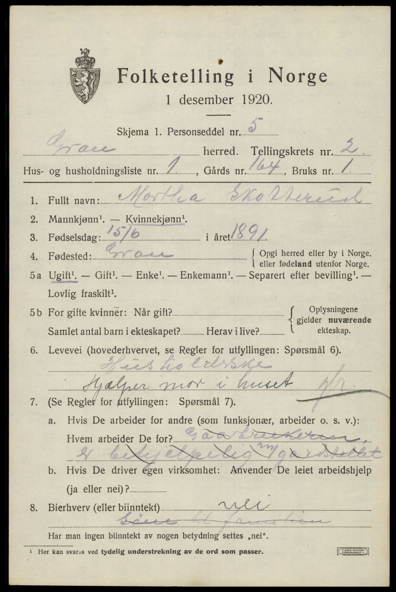 SAH, 1920 census for Gran, 1920, p. 3157