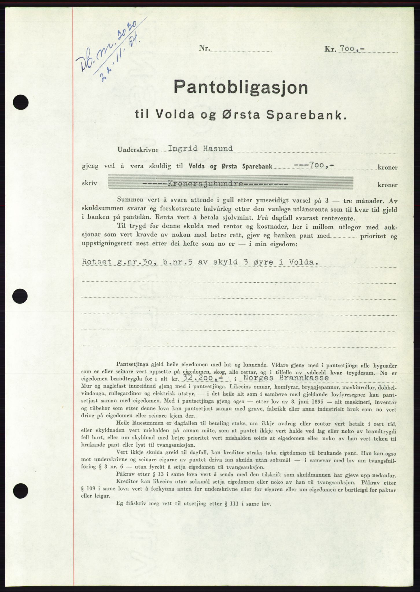 Søre Sunnmøre sorenskriveri, AV/SAT-A-4122/1/2/2C/L0126: Mortgage book no. 14B, 1954-1955, Diary no: : 3030/1954