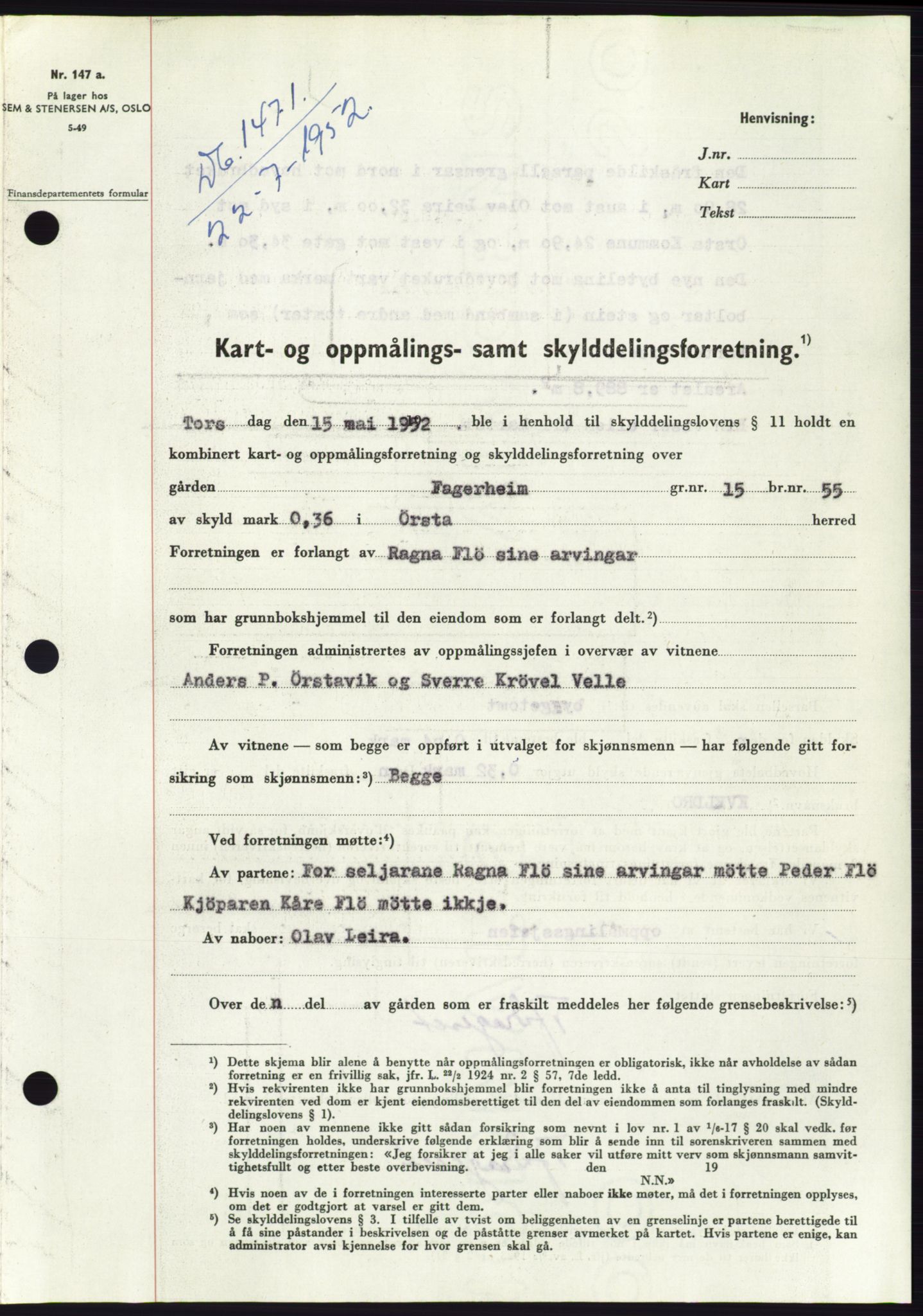 Søre Sunnmøre sorenskriveri, AV/SAT-A-4122/1/2/2C/L0092: Mortgage book no. 18A, 1952-1952, Diary no: : 1471/1952