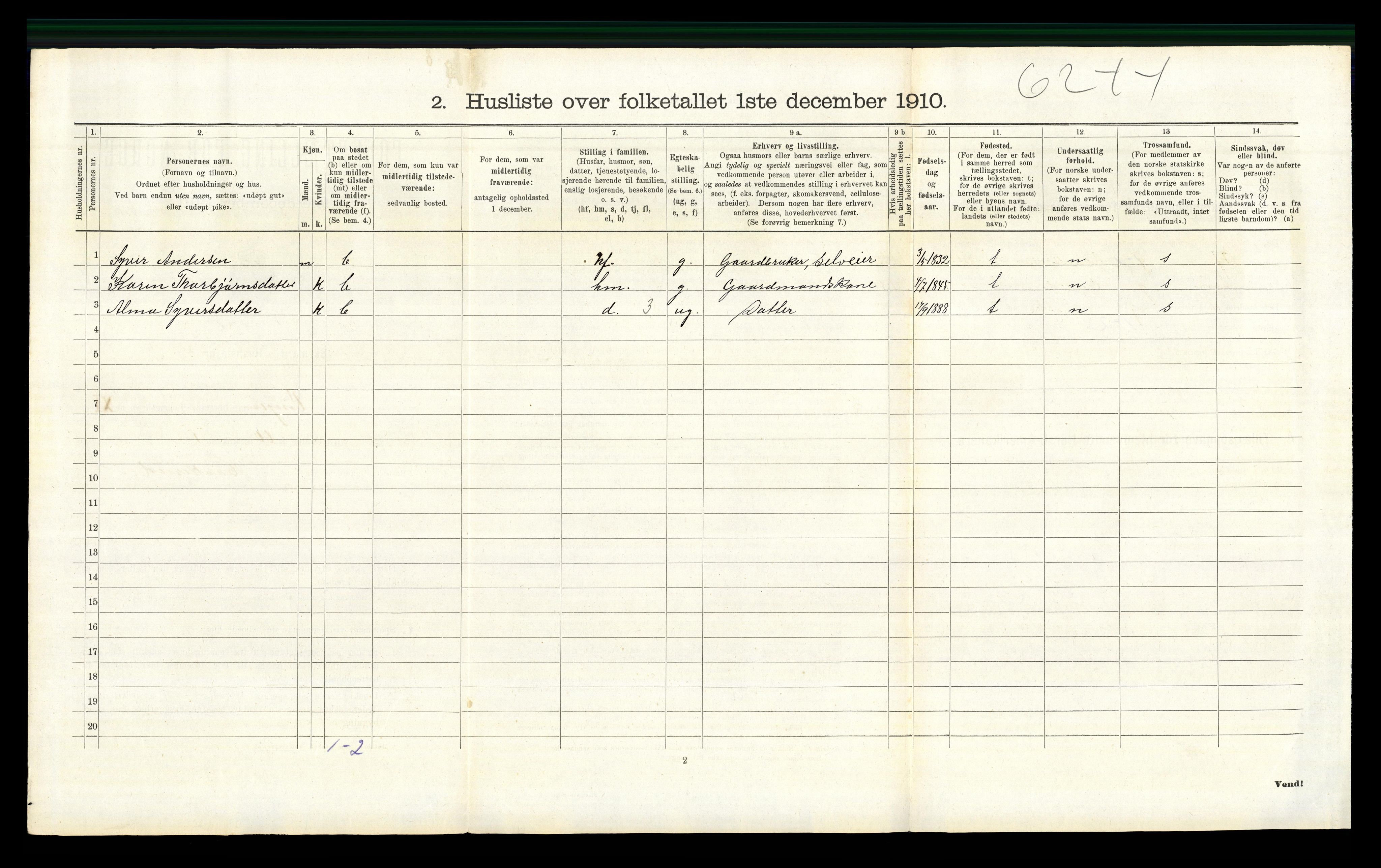 RA, 1910 census for Vinger, 1910, p. 1308