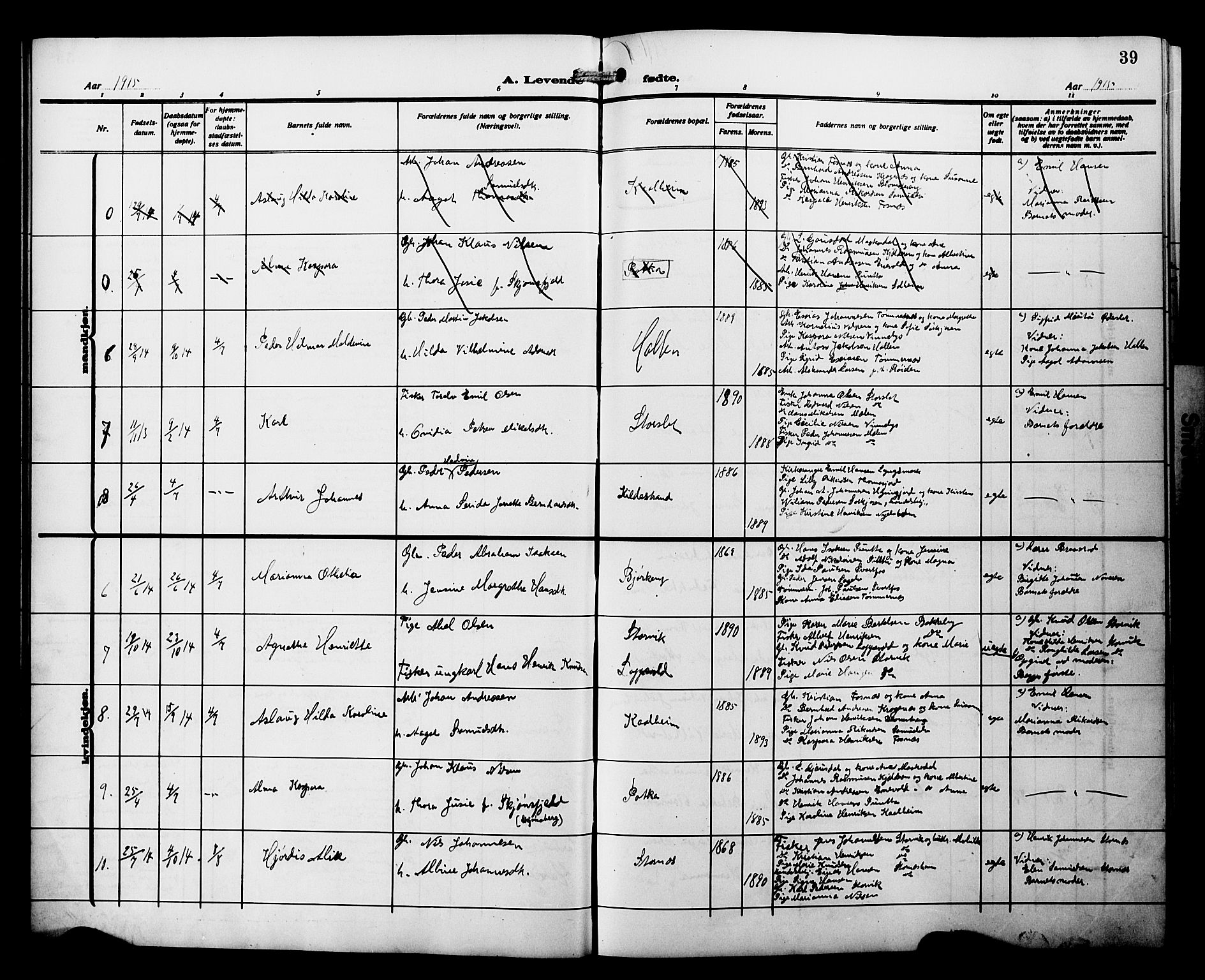 Skjervøy sokneprestkontor, SATØ/S-1300/H/Ha/Hab/L0022klokker: Parish register (copy) no. 22, 1910-1926, p. 39