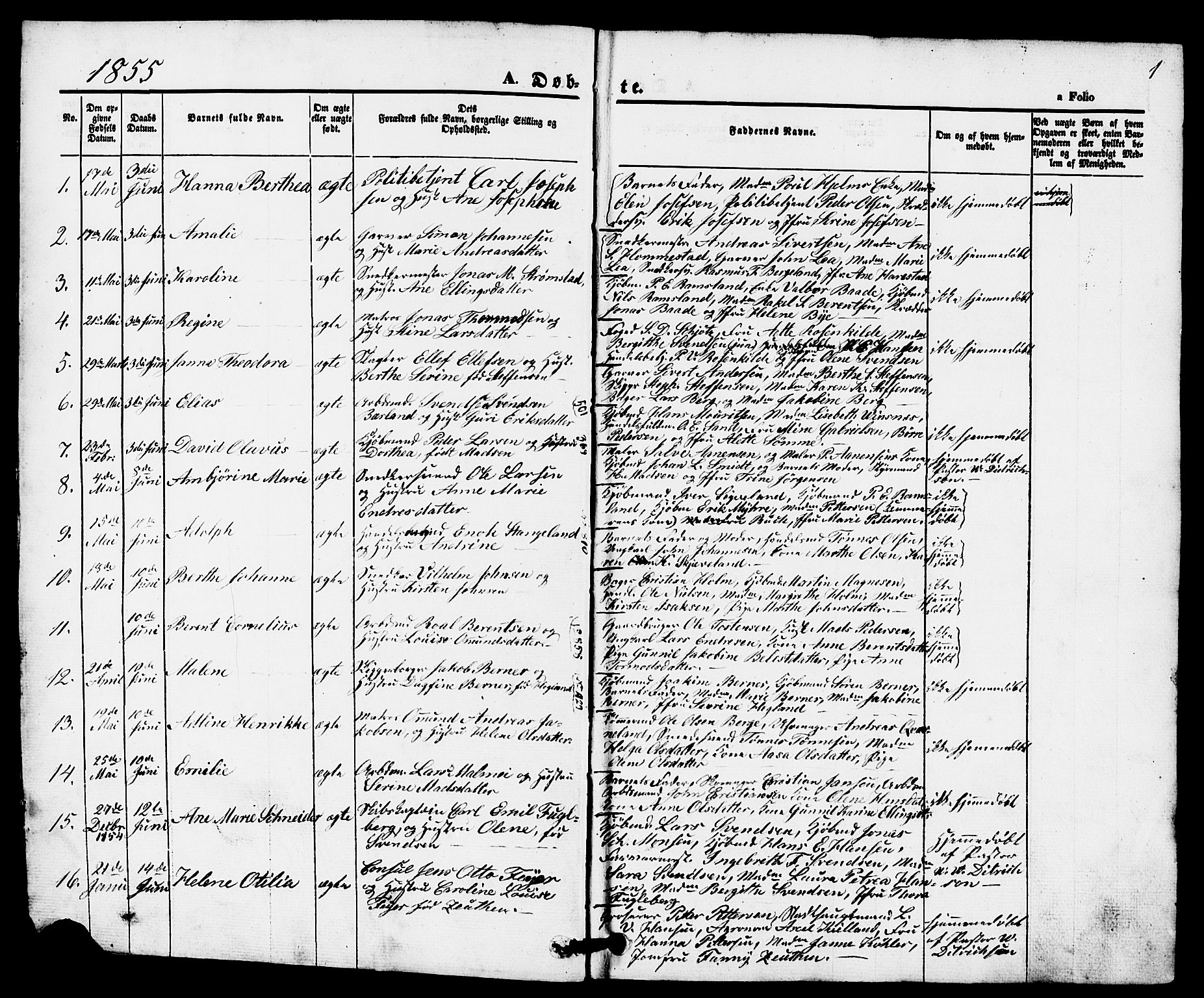 Domkirken sokneprestkontor, SAST/A-101812/001/30/30BB/L0010: Parish register (copy) no. B 10, 1855-1860, p. 1