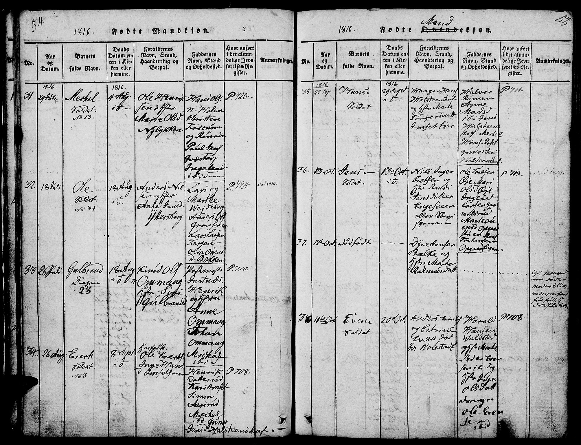 Løten prestekontor, AV/SAH-PREST-022/L/La/L0001: Parish register (copy) no. 1, 1812-1832, p. 54-55