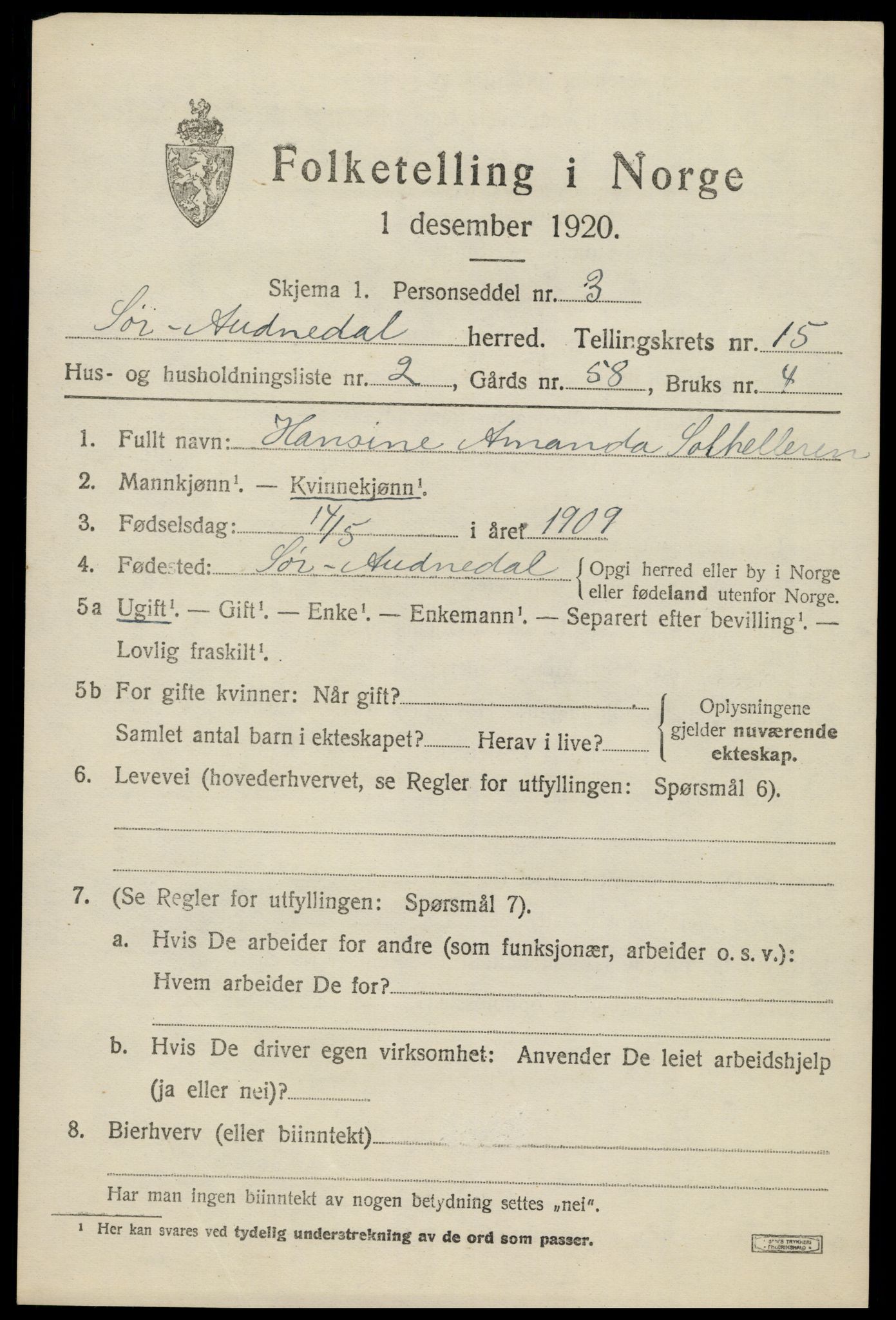 SAK, 1920 census for Sør-Audnedal, 1920, p. 5733