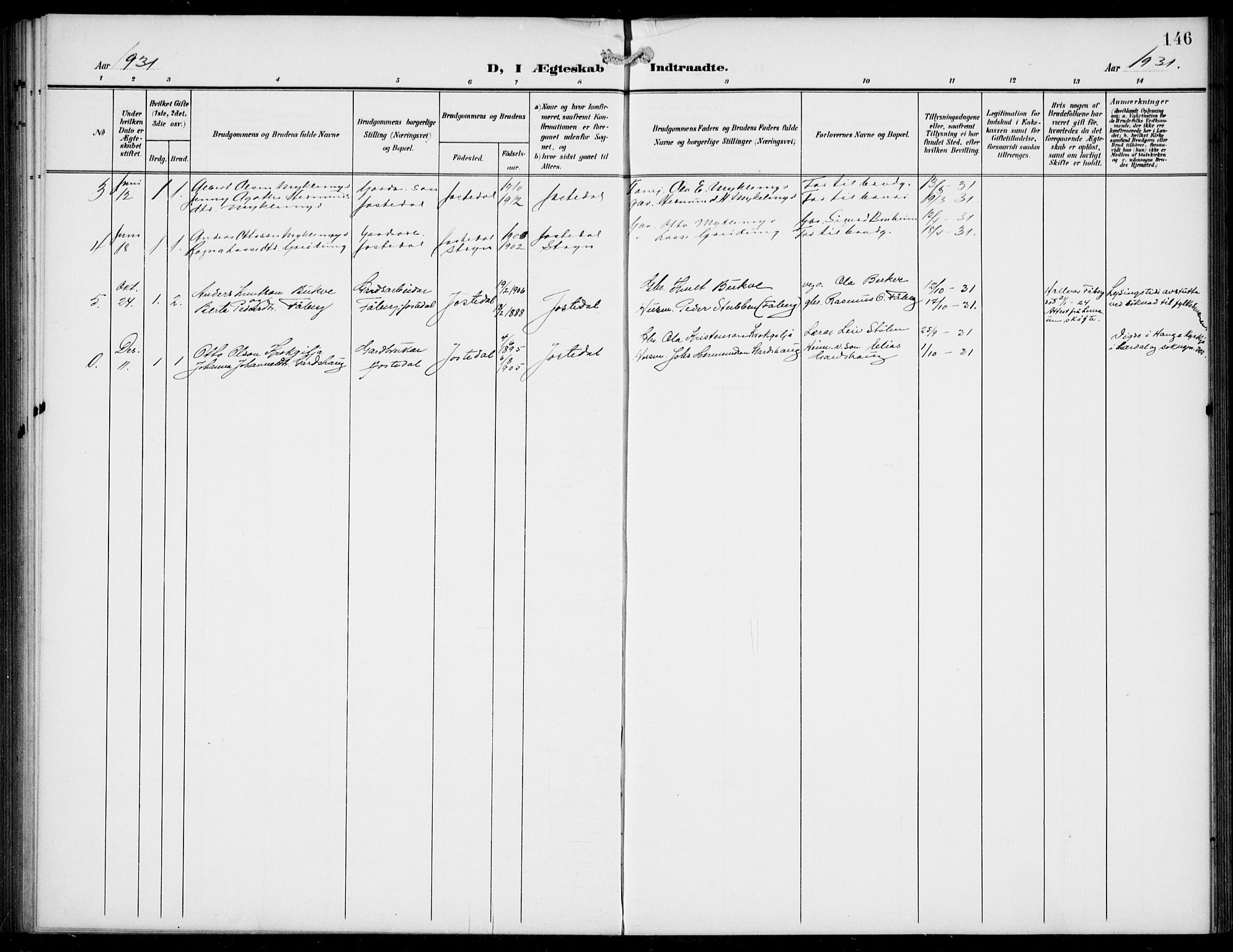 Jostedal sokneprestembete, AV/SAB-A-80601/H/Hab/Haba/L0002: Parish register (copy) no. A 2, 1907-1931, p. 146