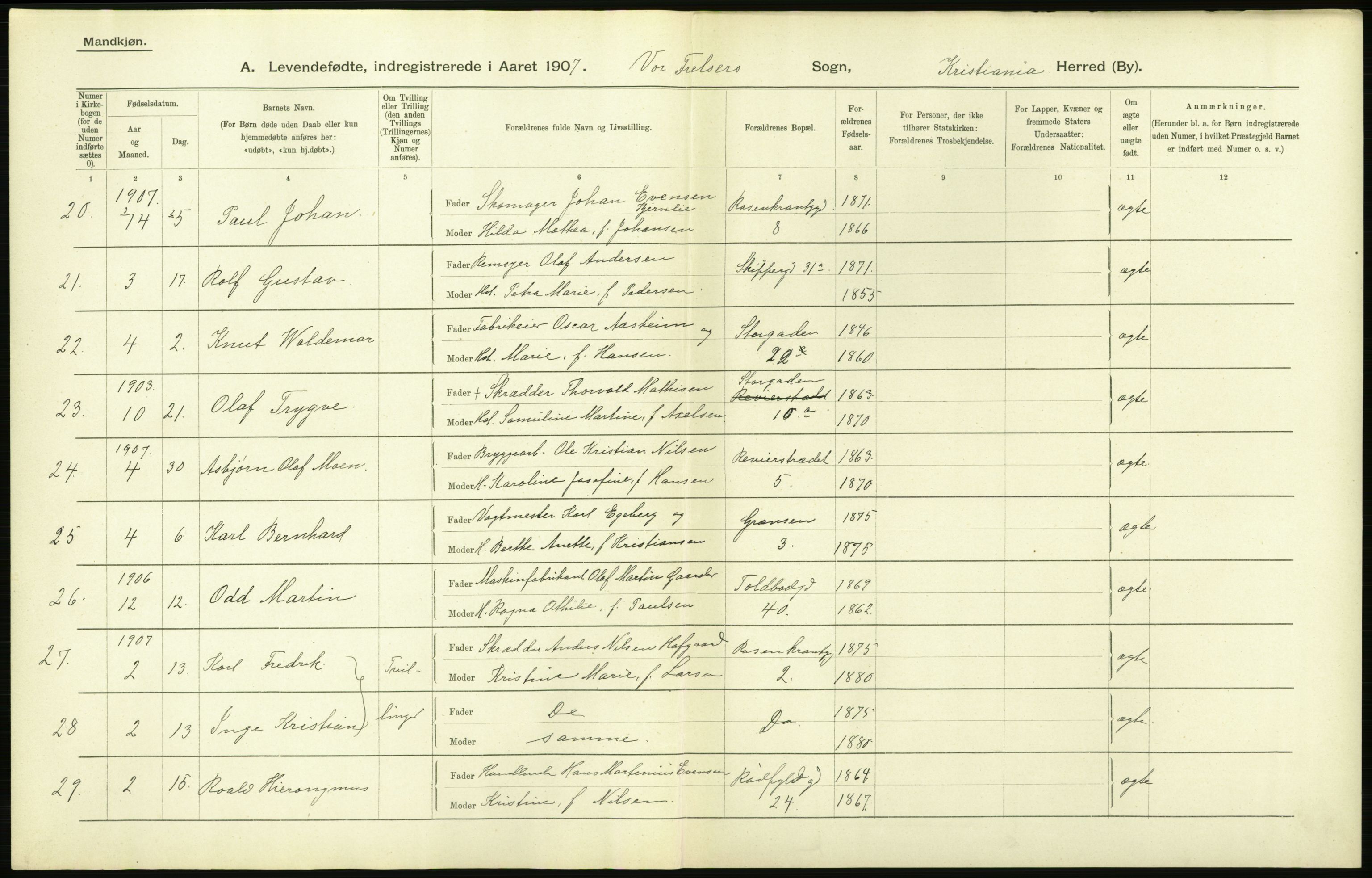 Statistisk sentralbyrå, Sosiodemografiske emner, Befolkning, AV/RA-S-2228/D/Df/Dfa/Dfae/L0006: Kristiania: Levendefødte menn og kvinner., 1907, p. 12