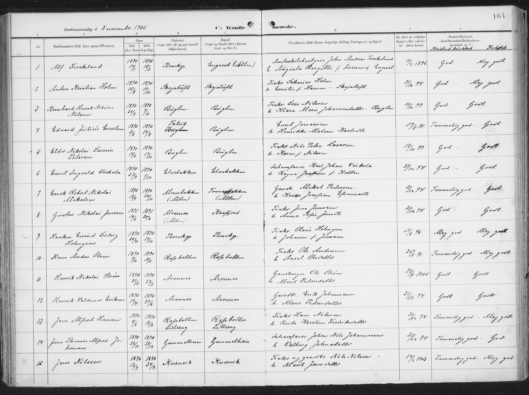 Alta sokneprestkontor, SATØ/S-1338/H/Ha/L0005.kirke: Parish register (official) no. 5, 1904-1918, p. 164