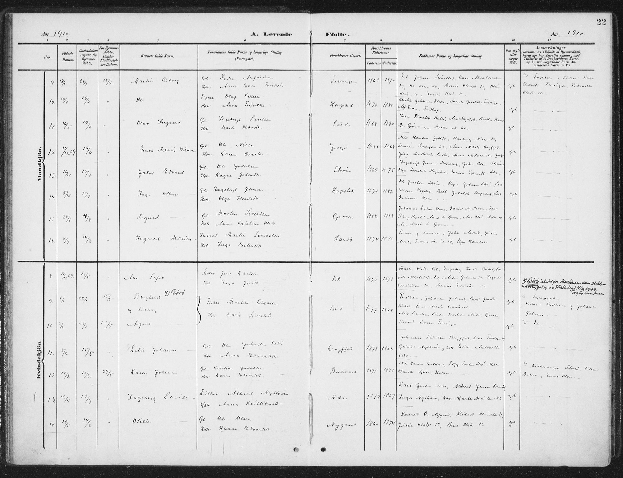 Ministerialprotokoller, klokkerbøker og fødselsregistre - Sør-Trøndelag, AV/SAT-A-1456/657/L0709: Parish register (official) no. 657A10, 1905-1919, p. 22