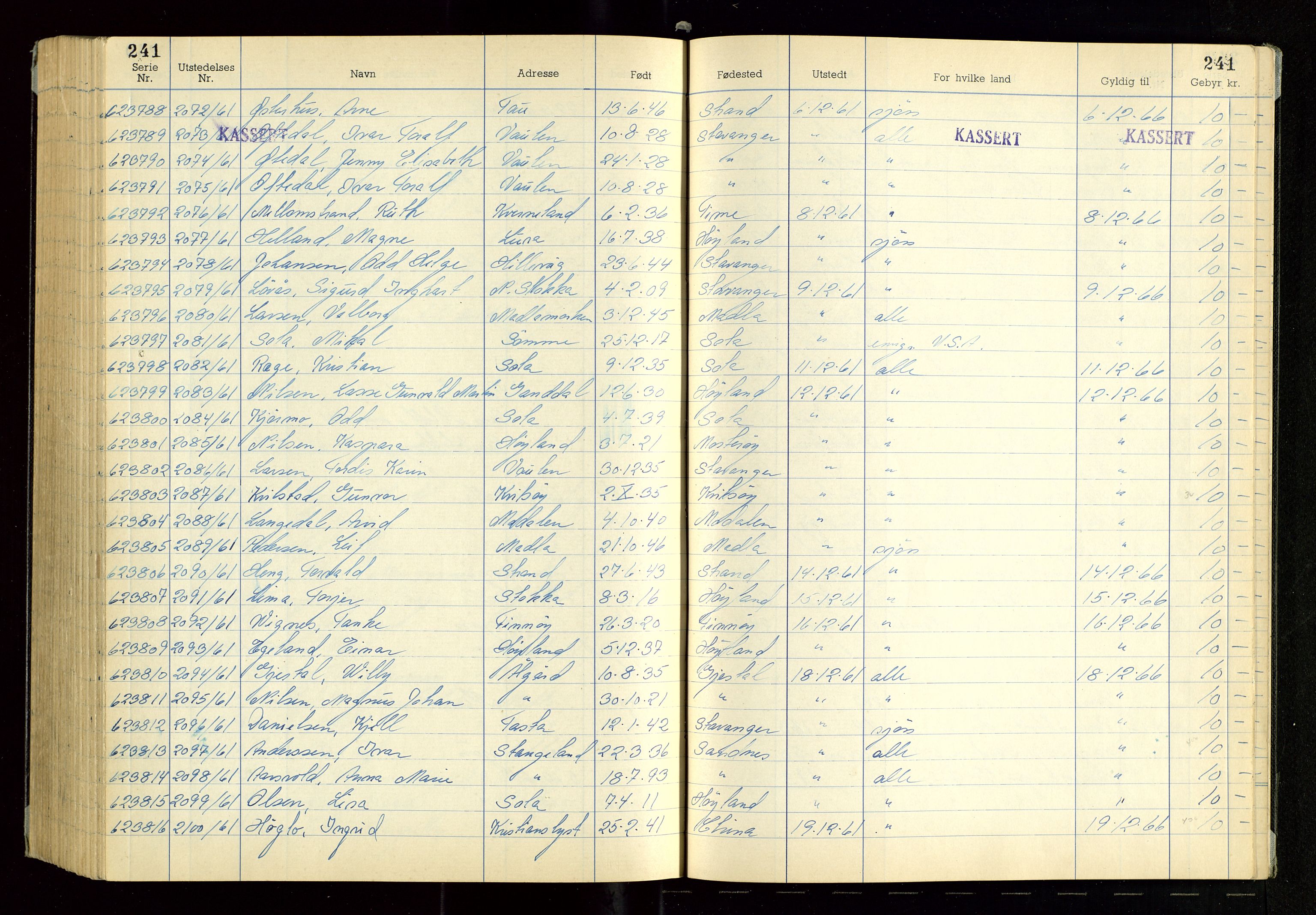 Rogaland politikammer, AV/SAST-A-101403/K/Ka/L0006: Passprotokoll, 1958-1962, p. 241