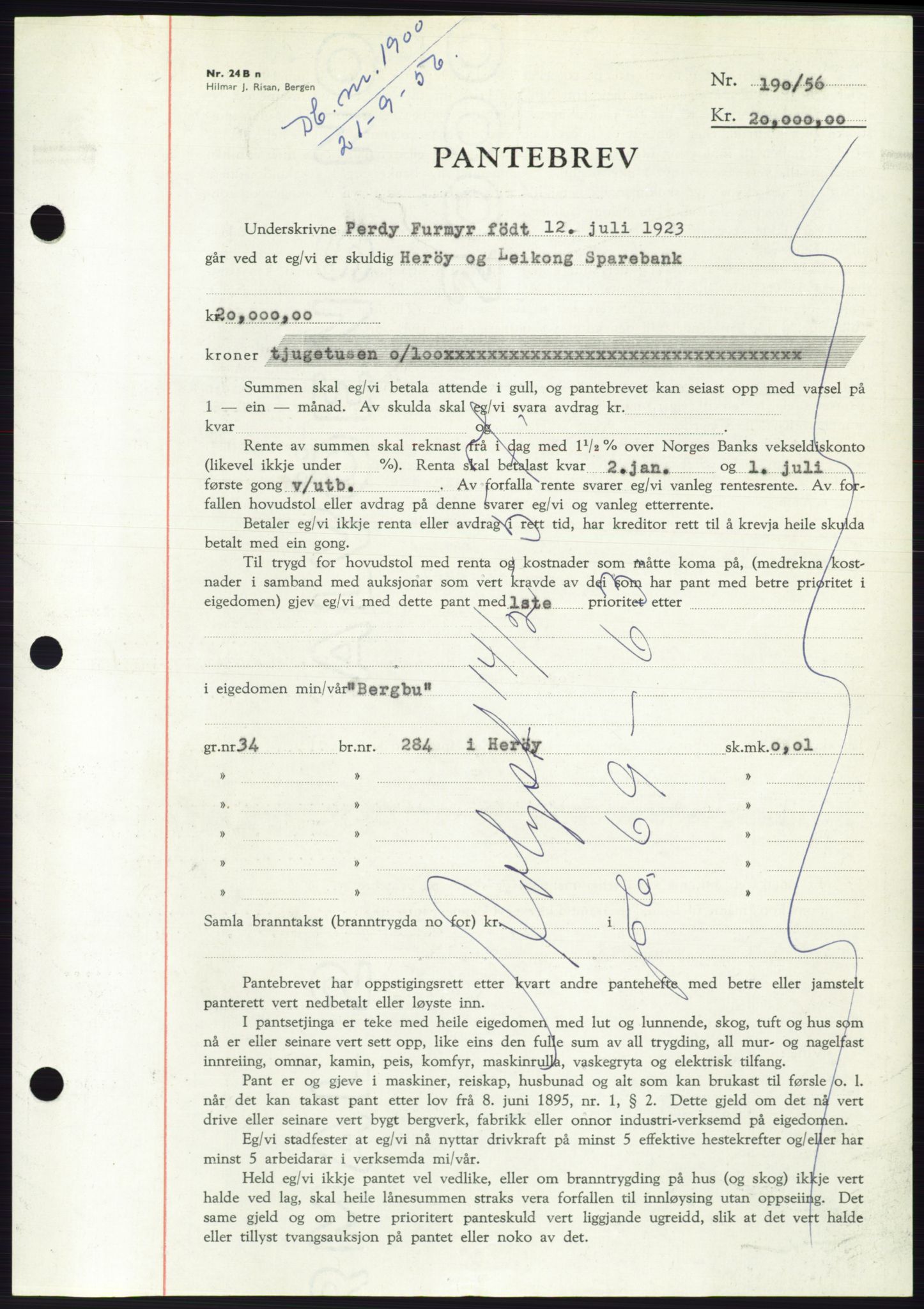 Søre Sunnmøre sorenskriveri, SAT/A-4122/1/2/2C/L0128: Mortgage book no. 16B, 1956-1956, Diary no: : 1900/1956