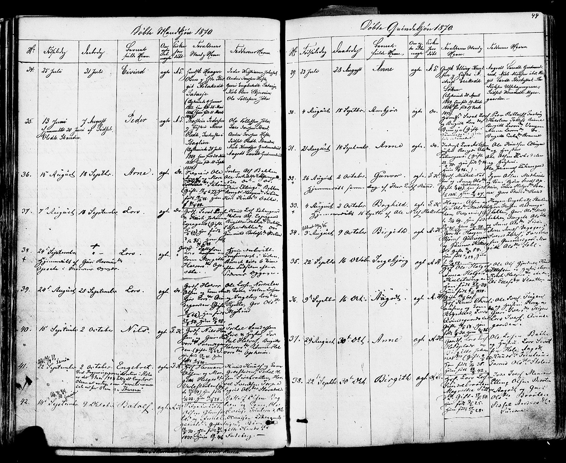 Ål kirkebøker, SAKO/A-249/F/Fa/L0007: Parish register (official) no. I 7, 1865-1881, p. 44