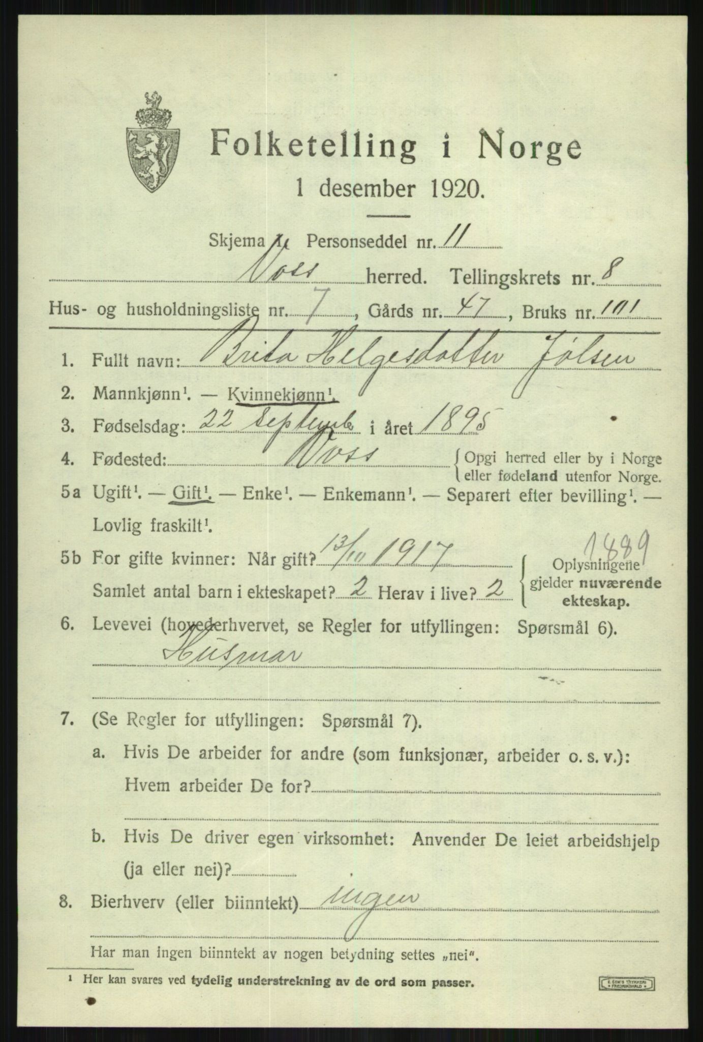 SAB, 1920 census for Voss, 1920, p. 7799