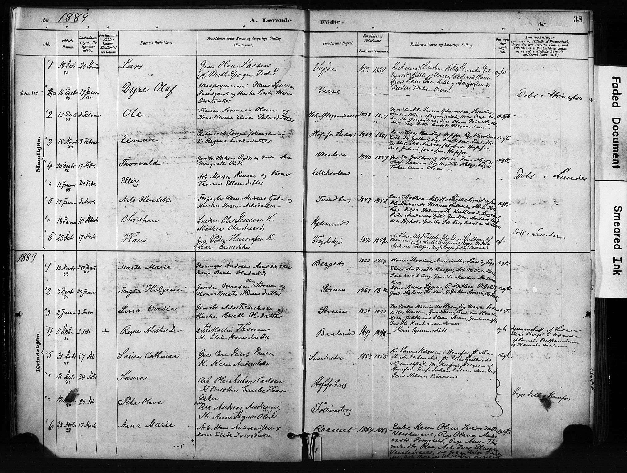 Norderhov kirkebøker, AV/SAKO-A-237/F/Fa/L0016: Parish register (official) no. 16, 1885-1902, p. 38