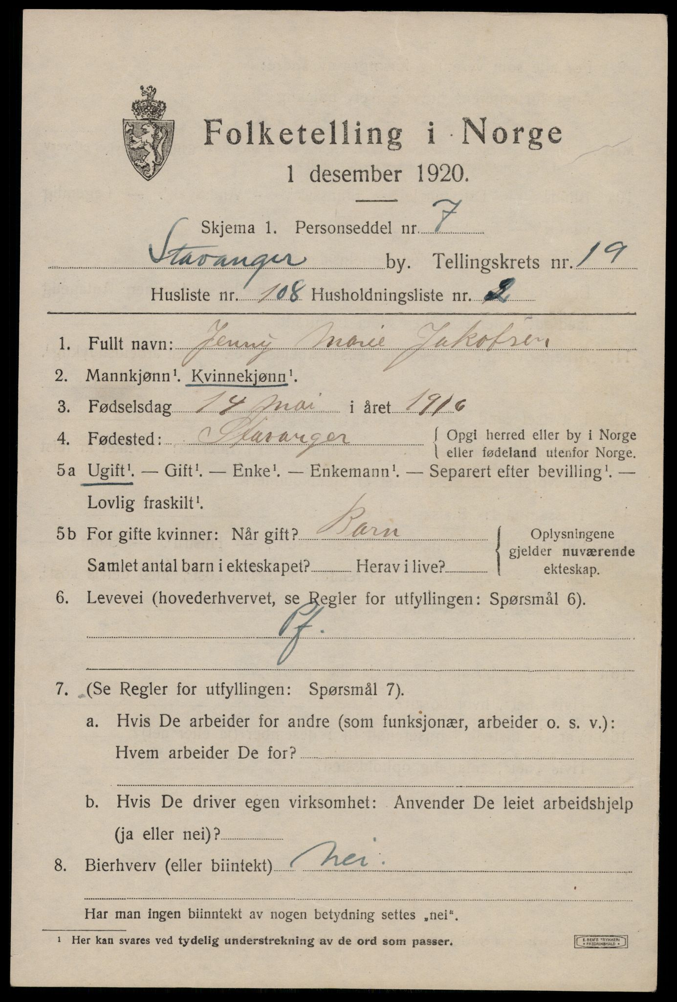 SAST, 1920 census for Stavanger, 1920, p. 69944