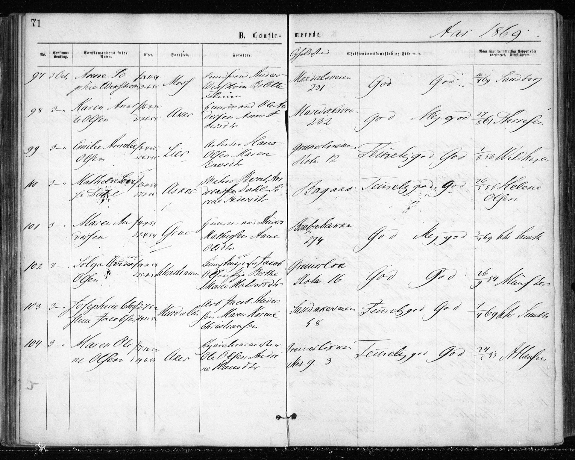 Gamle Aker prestekontor Kirkebøker, AV/SAO-A-10617a/F/L0003: Parish register (official) no. 3, 1865-1873, p. 71