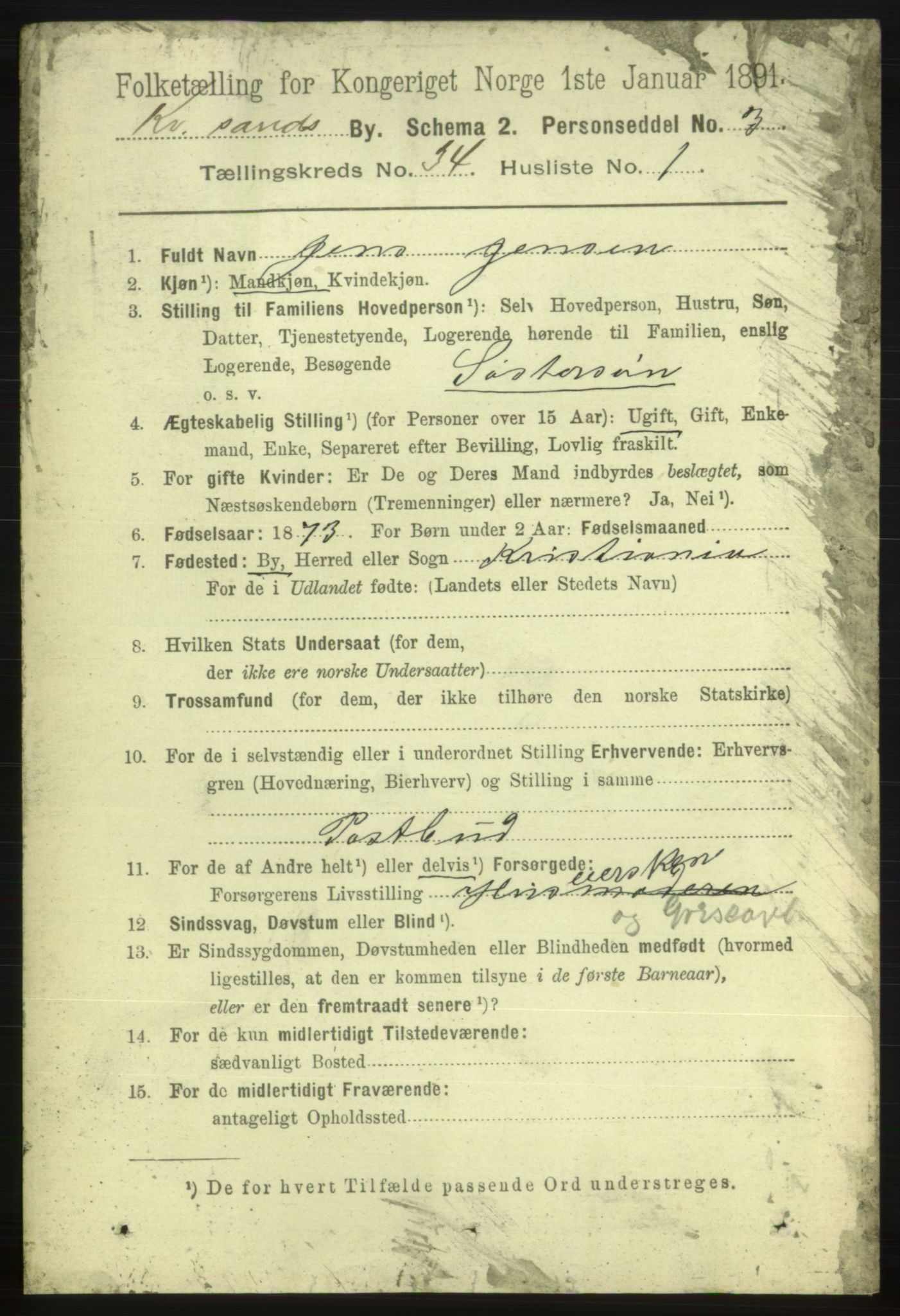 RA, 1891 census for 1001 Kristiansand, 1891, p. 10814