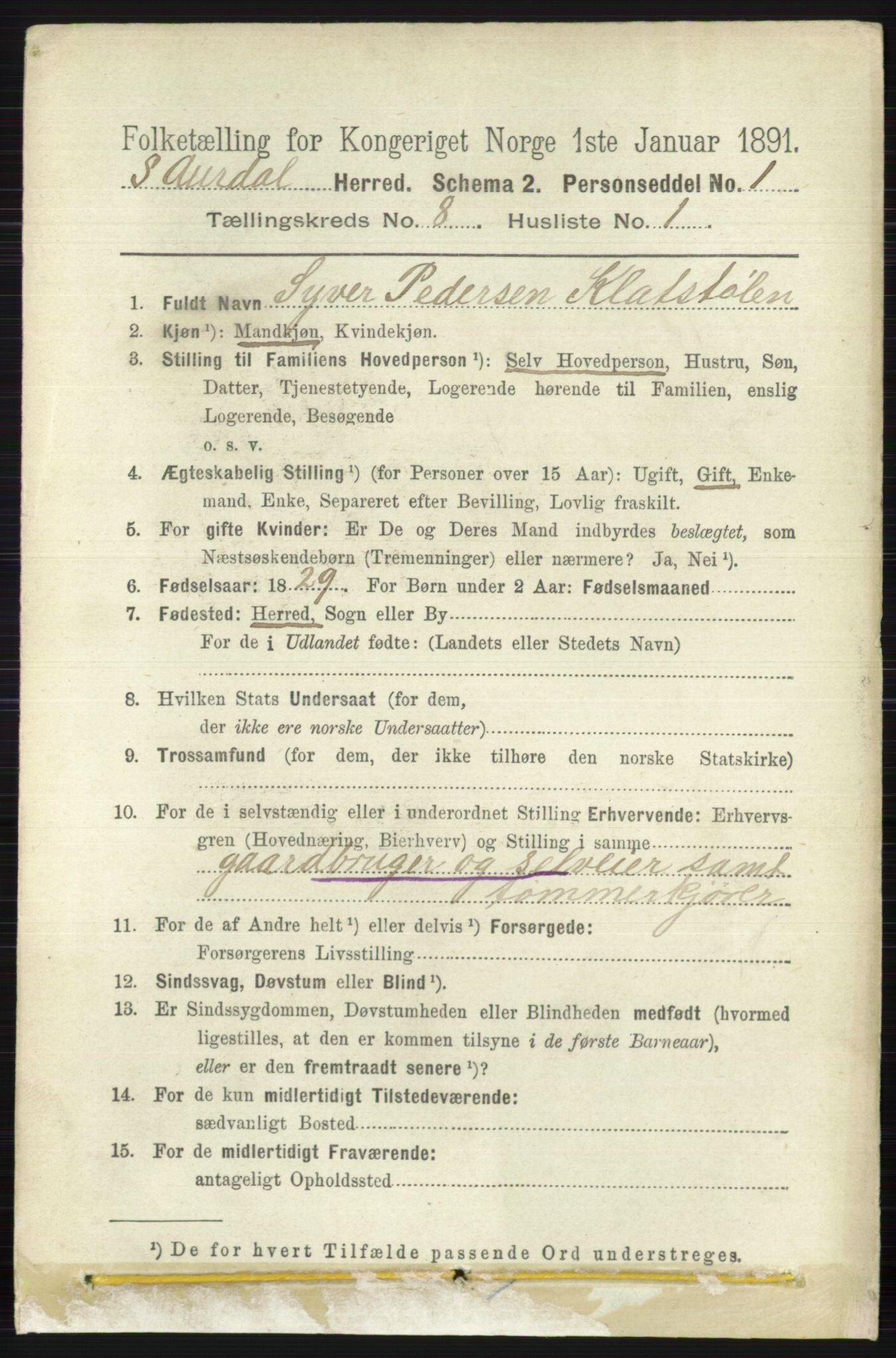 RA, 1891 census for 0540 Sør-Aurdal, 1891, p. 4859