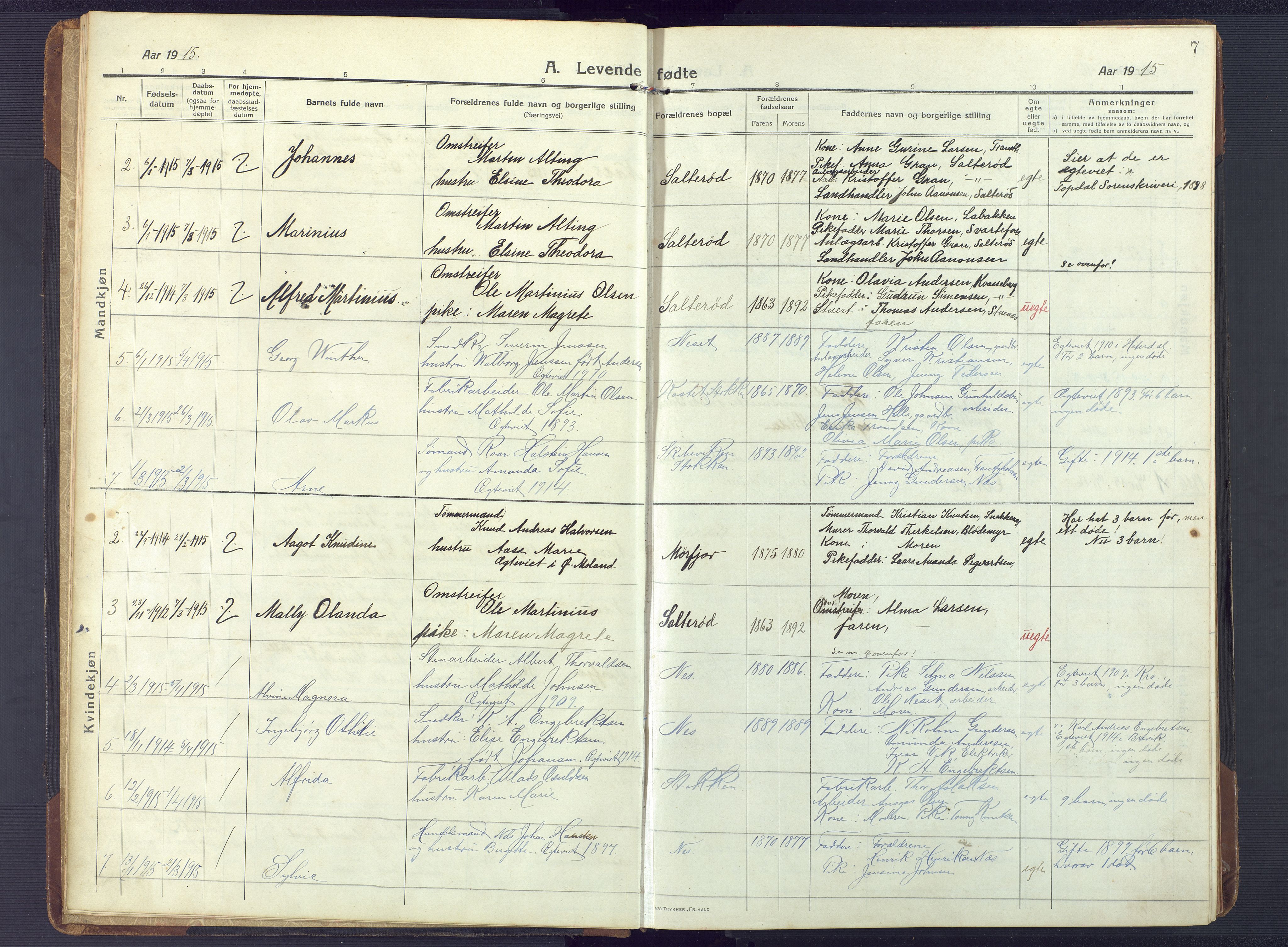 Austre Moland sokneprestkontor, AV/SAK-1111-0001/F/Fb/Fbb/L0004: Parish register (copy) no. B 4, 1914-1929, p. 7