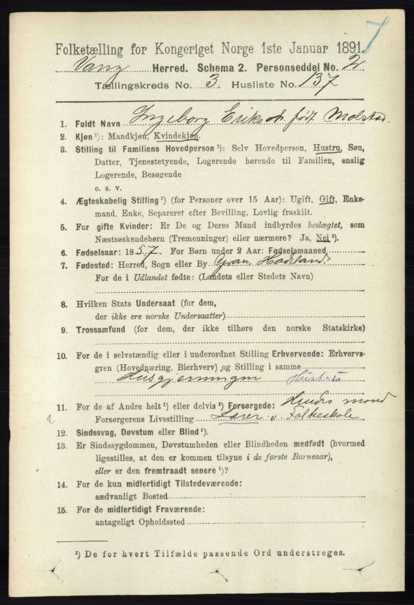 RA, 1891 census for 0414 Vang, 1891, p. 2620