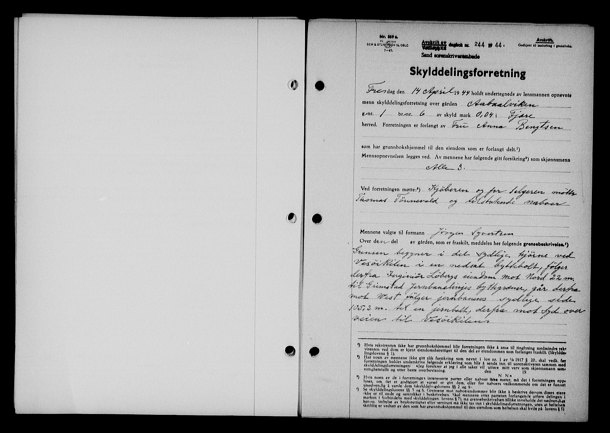 Vestre Nedenes/Sand sorenskriveri, SAK/1221-0010/G/Gb/Gba/L0053: Mortgage book no. A 6, 1944-1945, Diary no: : 244/1944