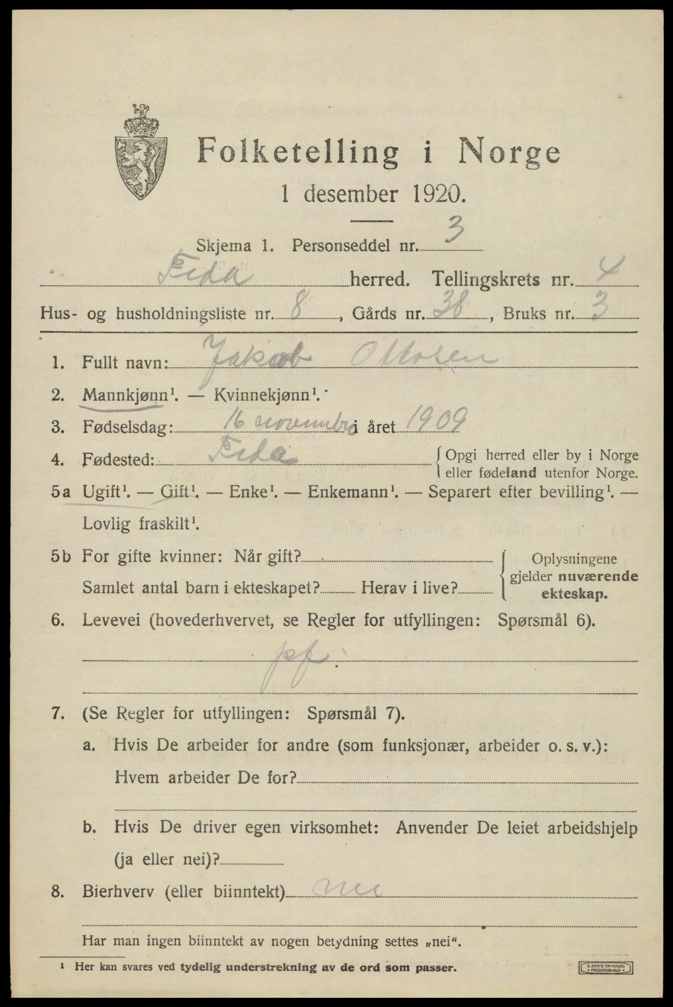 SAK, 1920 census for Feda, 1920, p. 1891