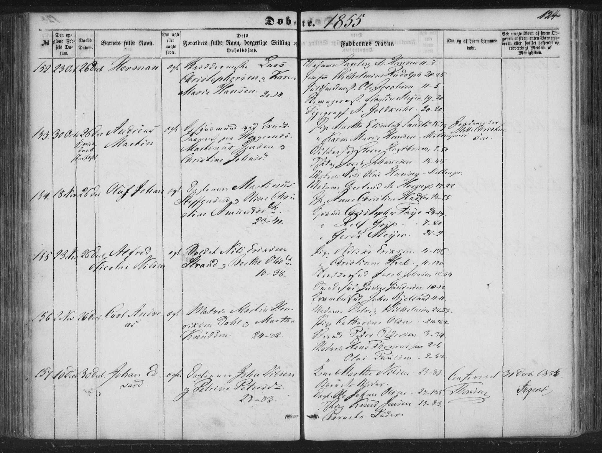 Korskirken sokneprestembete, AV/SAB-A-76101/H/Haa/L0017: Parish register (official) no. B 3, 1851-1857, p. 124