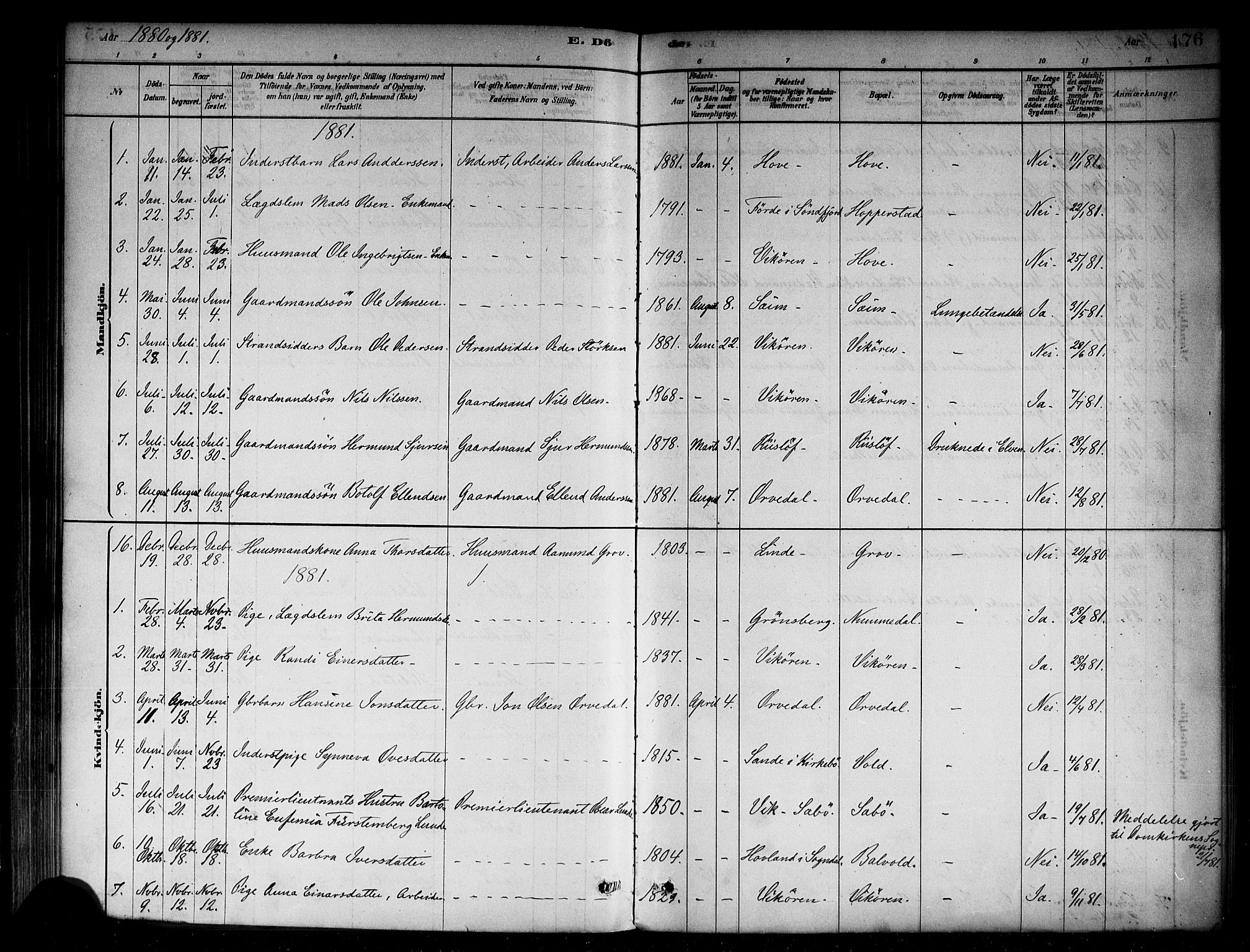 Vik sokneprestembete, SAB/A-81501: Parish register (official) no. B 1, 1878-1890, p. 176