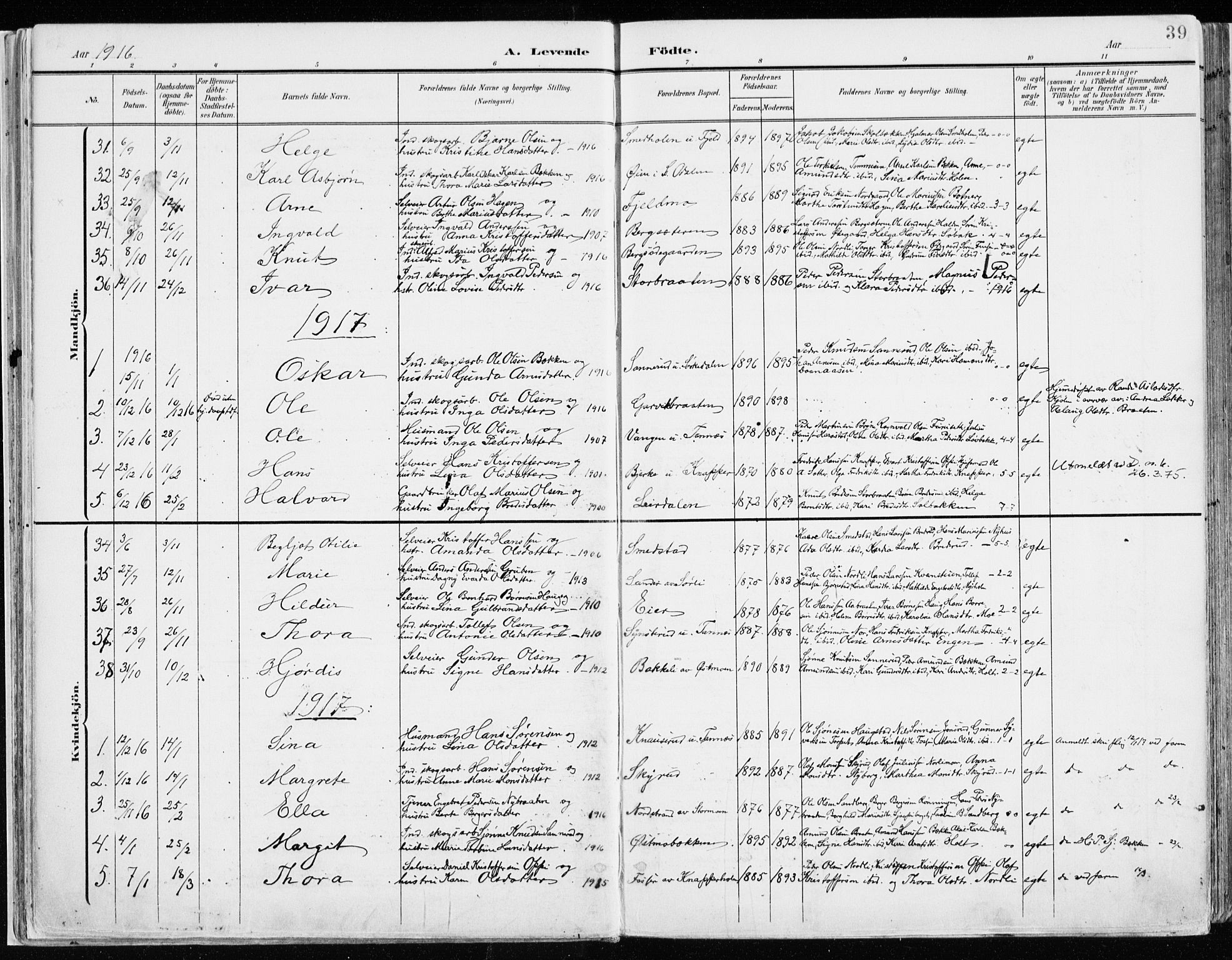 Nord-Odal prestekontor, SAH/PREST-032/H/Ha/Haa/L0009: Parish register (official) no. 9, 1902-1926, p. 39