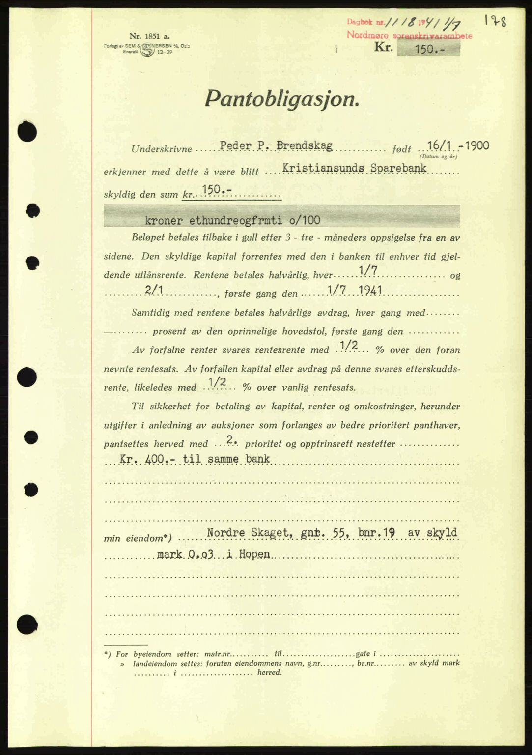 Nordmøre sorenskriveri, AV/SAT-A-4132/1/2/2Ca: Mortgage book no. B88, 1941-1942, Diary no: : 1118/1941