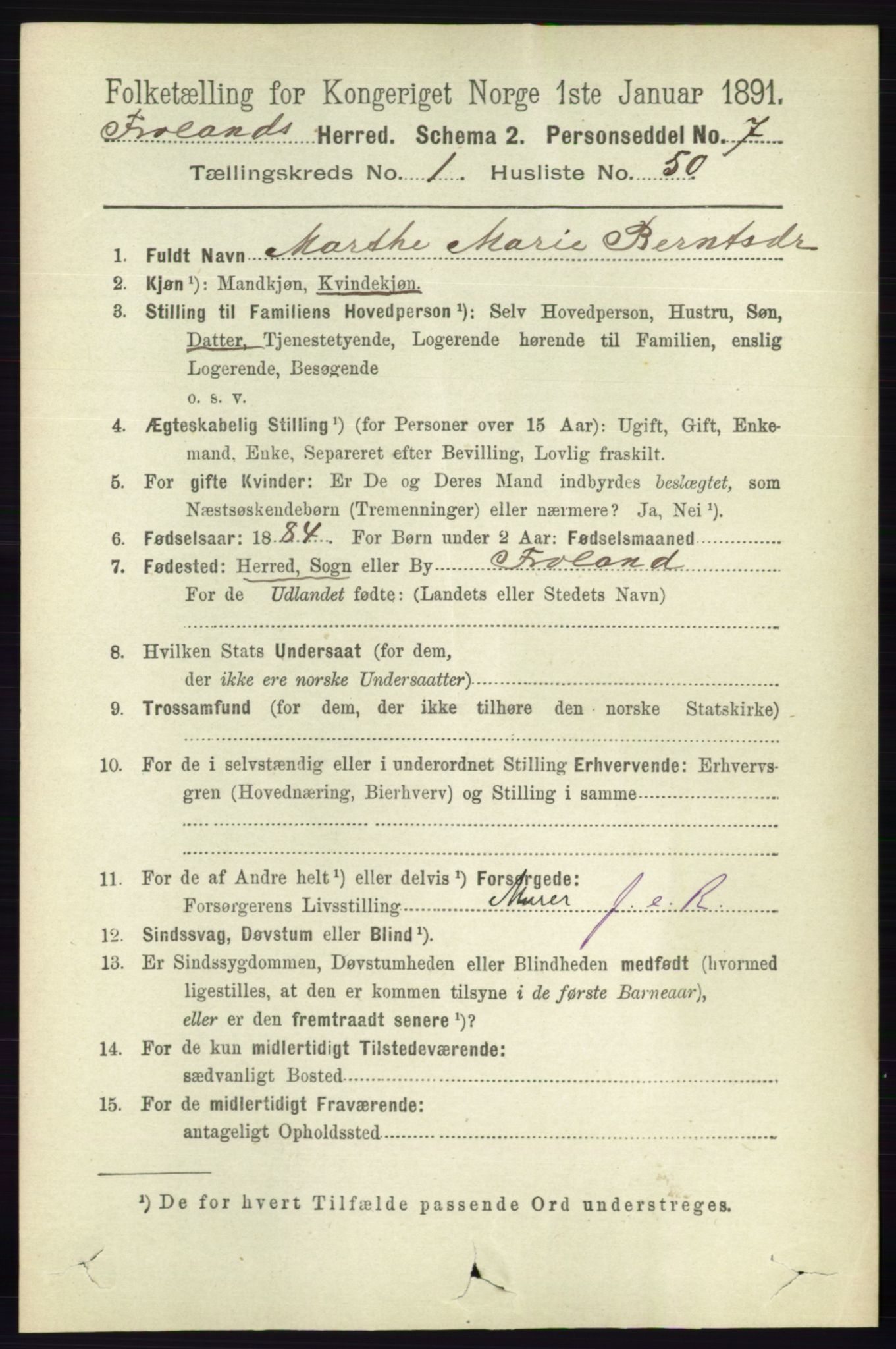 RA, 1891 census for 0919 Froland, 1891, p. 398