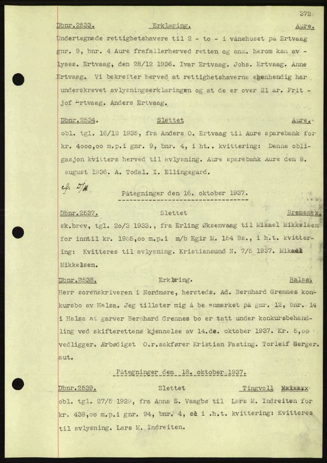 Nordmøre sorenskriveri, AV/SAT-A-4132/1/2/2Ca: Mortgage book no. C80, 1936-1939, Diary no: : 2533/1937