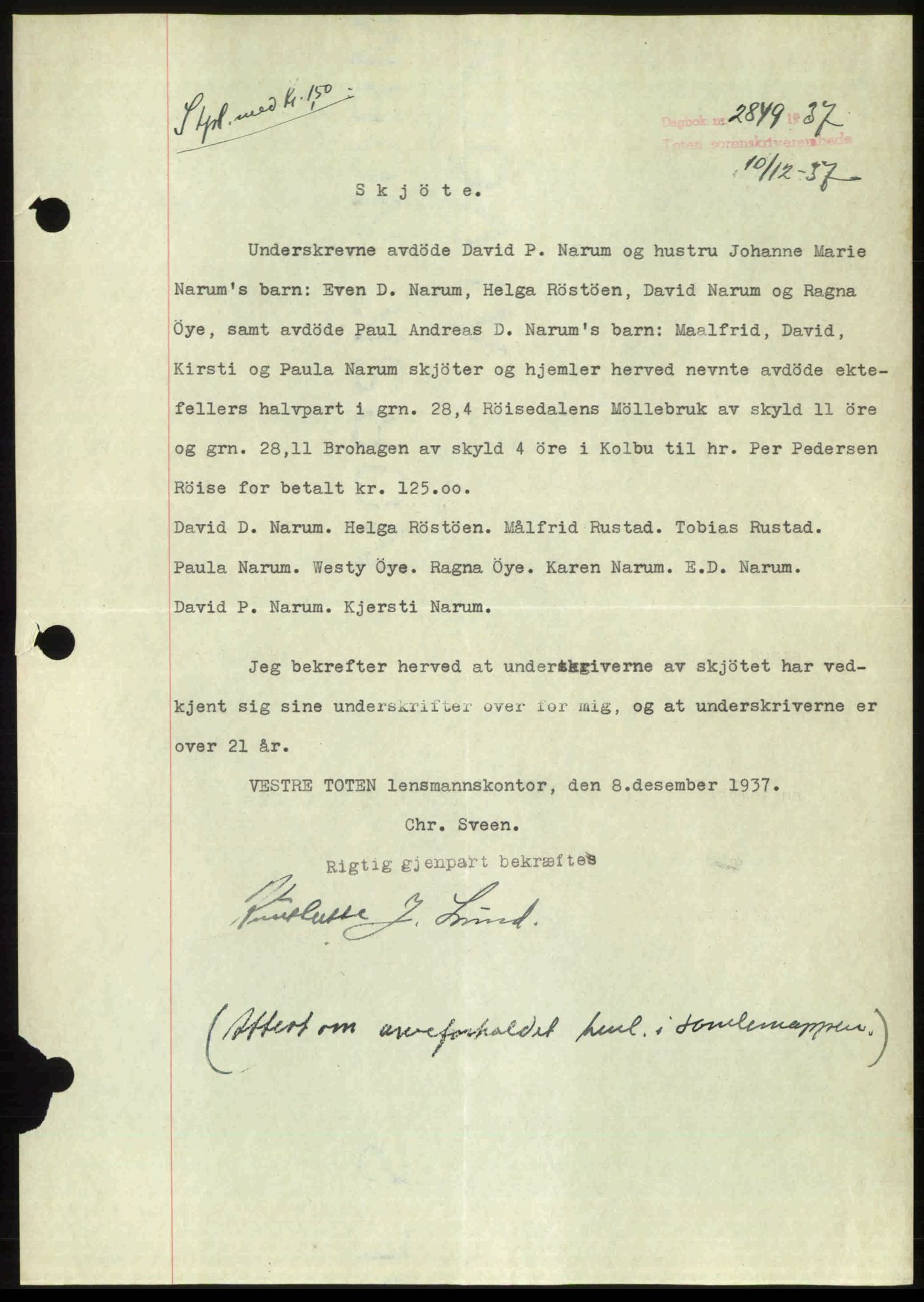 Toten tingrett, SAH/TING-006/H/Hb/Hbc/L0003: Mortgage book no. Hbc-03, 1937-1938, Diary no: : 2849/1937