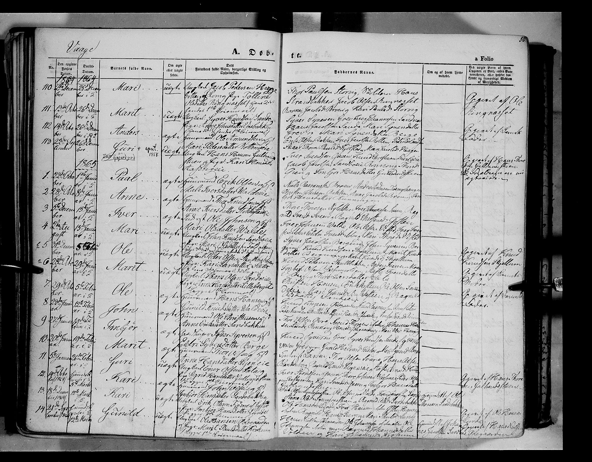 Vågå prestekontor, SAH/PREST-076/H/Ha/Haa/L0006: Parish register (official) no. 6 /1, 1856-1872, p. 50