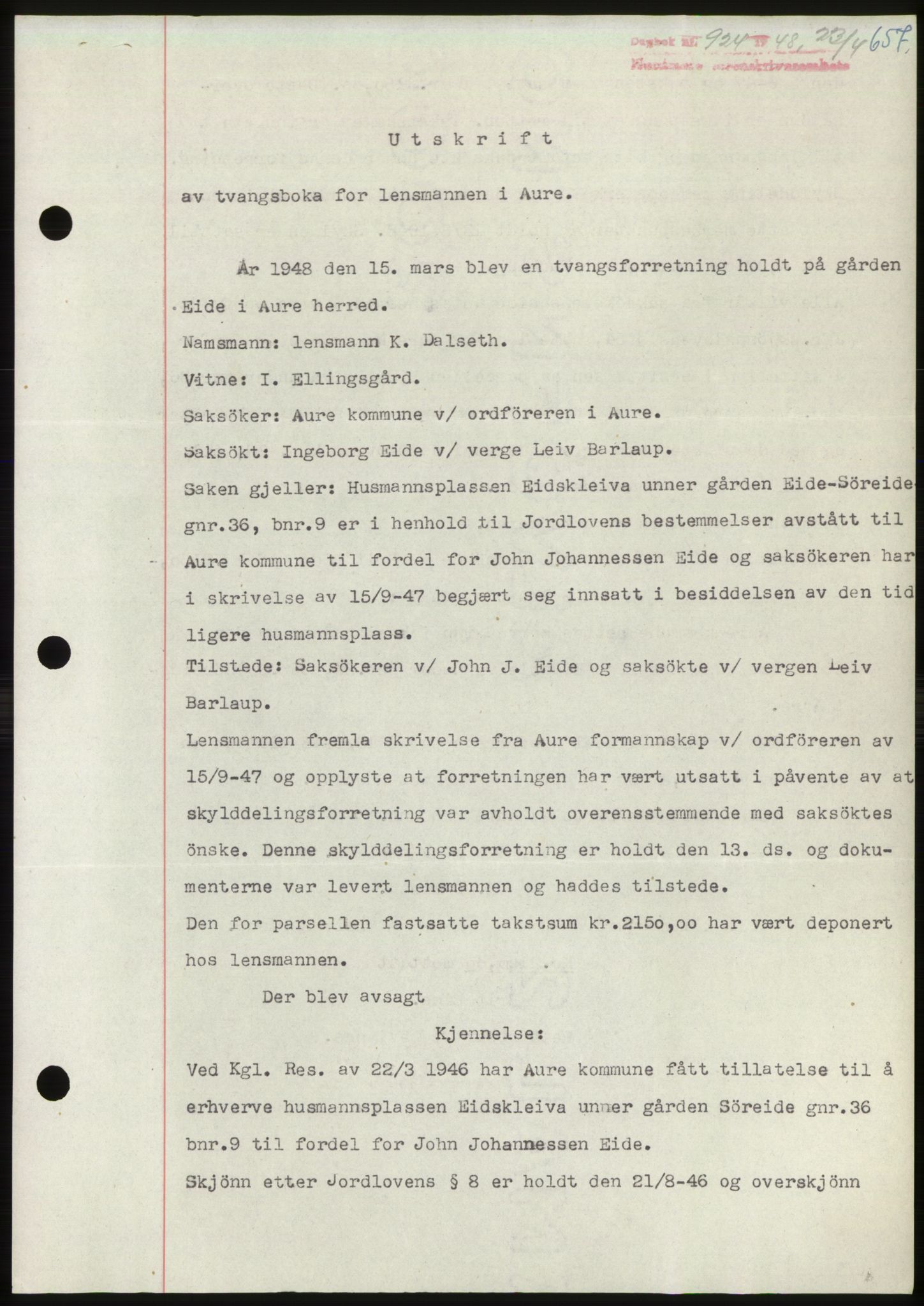 Nordmøre sorenskriveri, AV/SAT-A-4132/1/2/2Ca: Mortgage book no. B98, 1948-1948, Diary no: : 924/1948