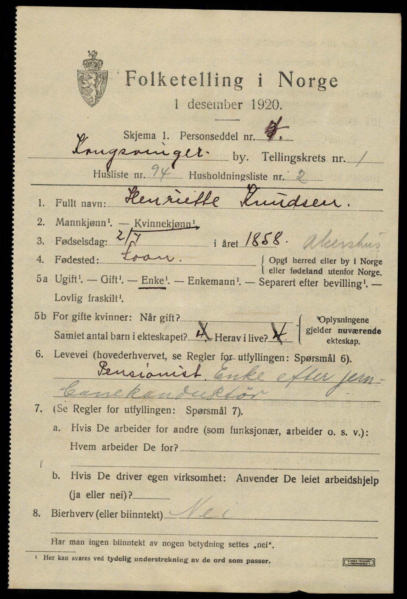 SAH, 1920 census for Kongsvinger, 1920, p. 3331