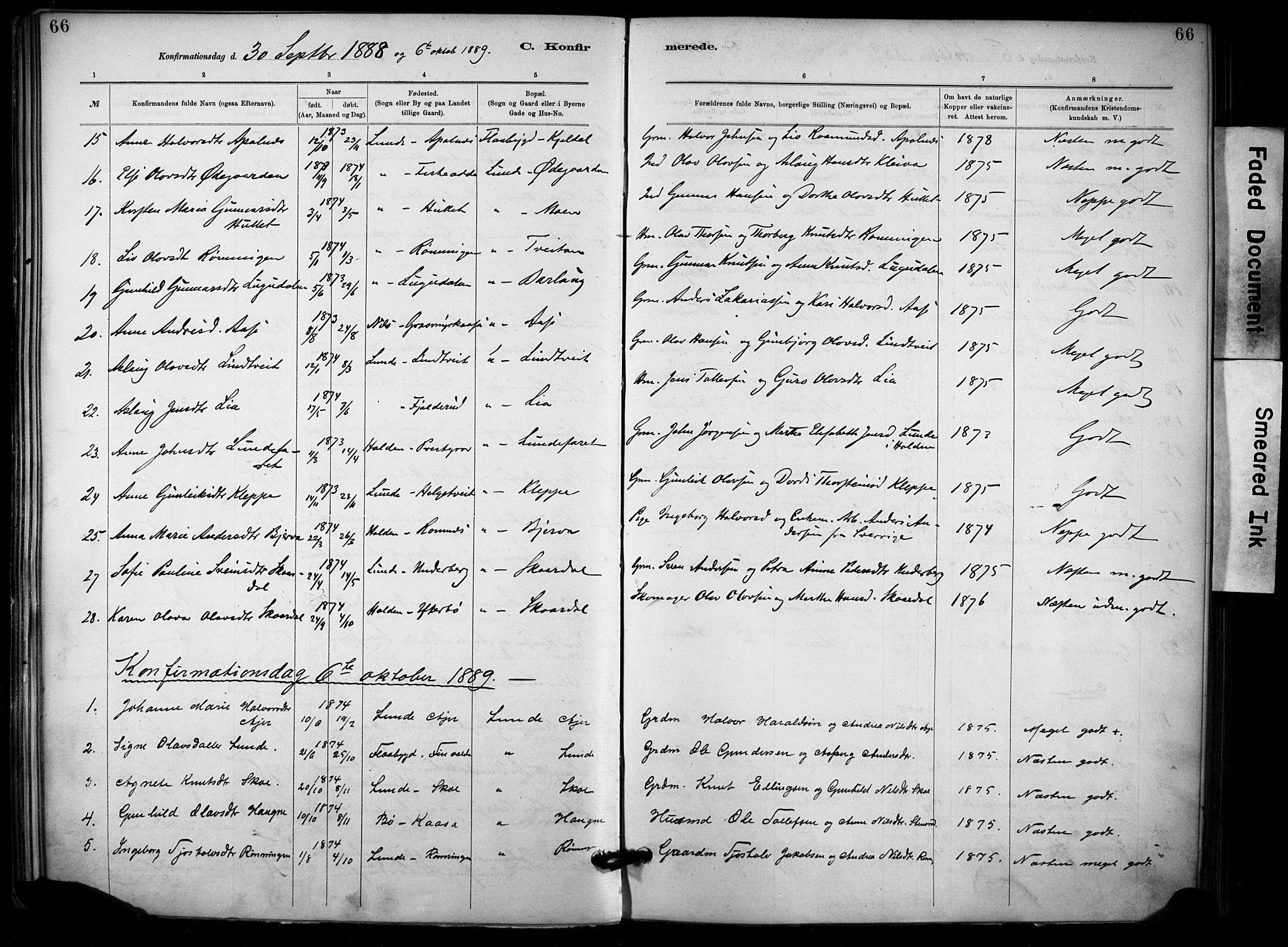 Lunde kirkebøker, SAKO/A-282/F/Fa/L0002: Parish register (official) no. I 2, 1884-1892, p. 66