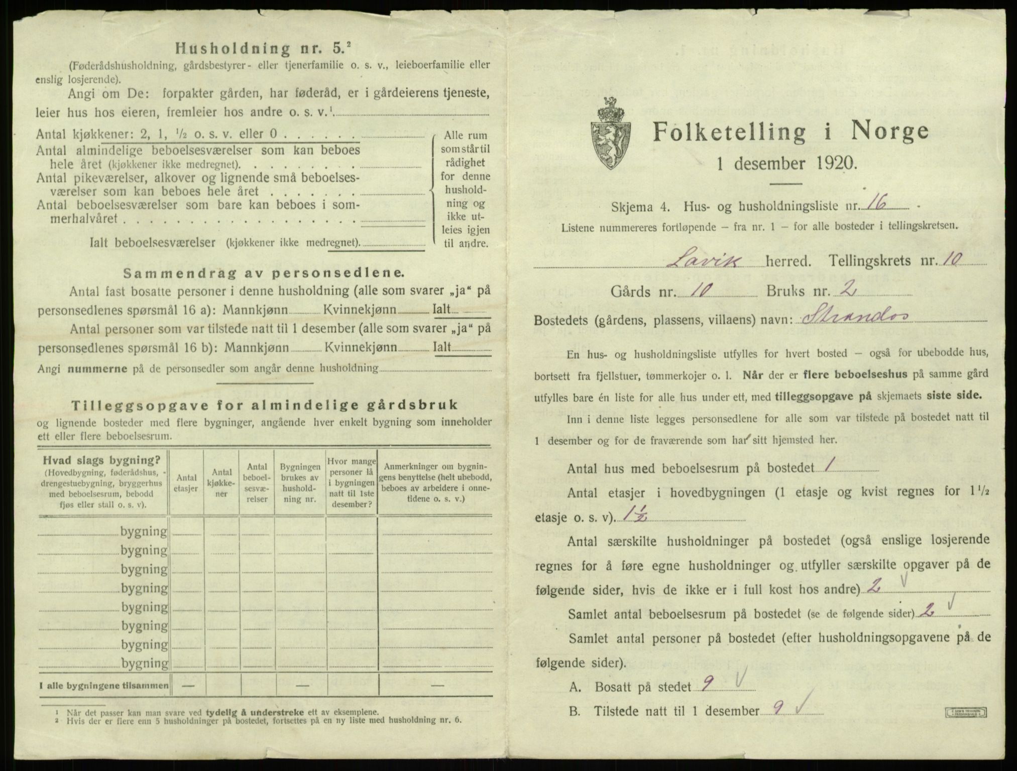 SAB, 1920 census for Lavik, 1920, p. 388