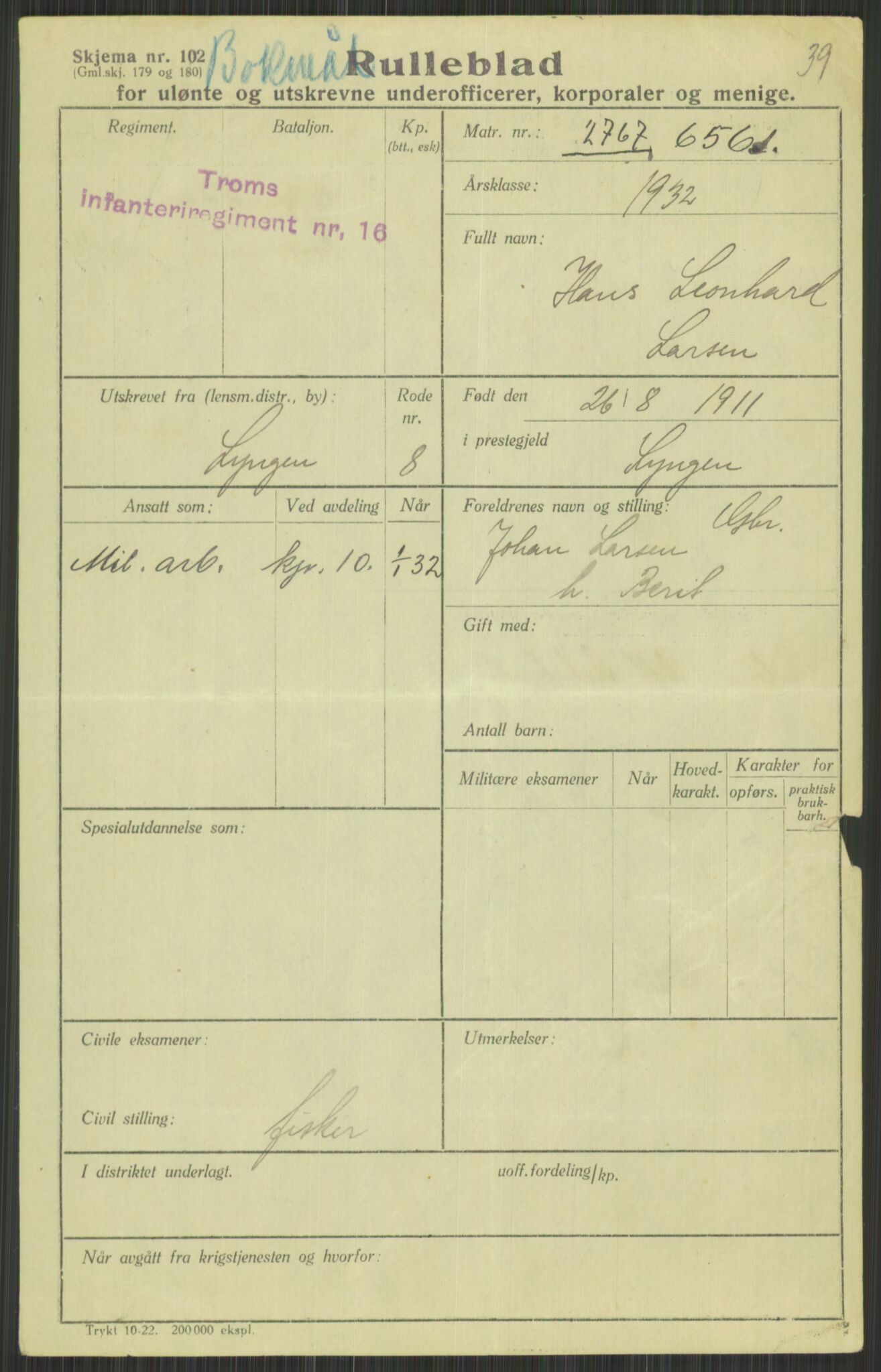 Forsvaret, Troms infanteriregiment nr. 16, AV/RA-RAFA-3146/P/Pa/L0016: Rulleblad for regimentets menige mannskaper, årsklasse 1932, 1932, p. 937