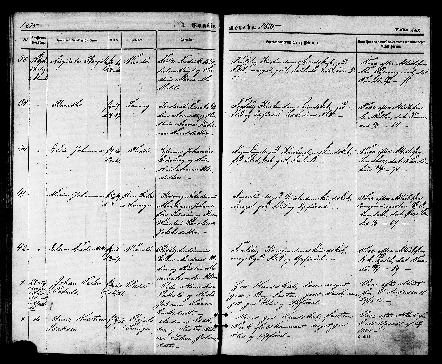 Vardø sokneprestkontor, SATØ/S-1332/H/Ha/L0005kirke: Parish register (official) no. 5, 1872-1878, p. 140
