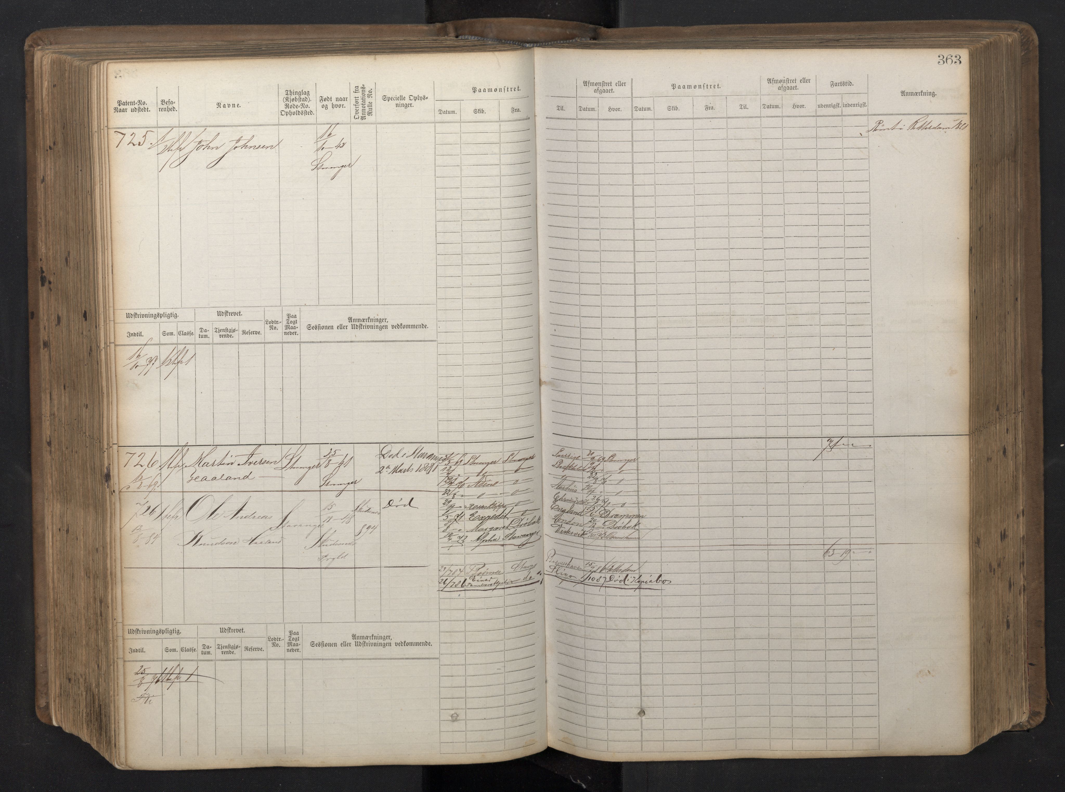 Stavanger sjømannskontor, AV/SAST-A-102006/F/Fb/Fbb/L0016: Sjøfartshovedrulle patnentnr. 1-1202 (dublett), 1869, p. 363