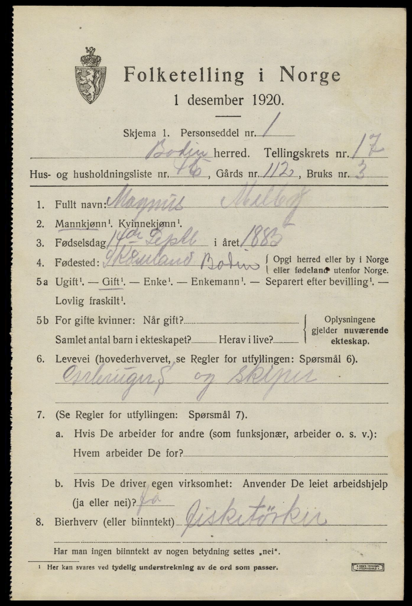 SAT, 1920 census for Bodin, 1920, p. 12836