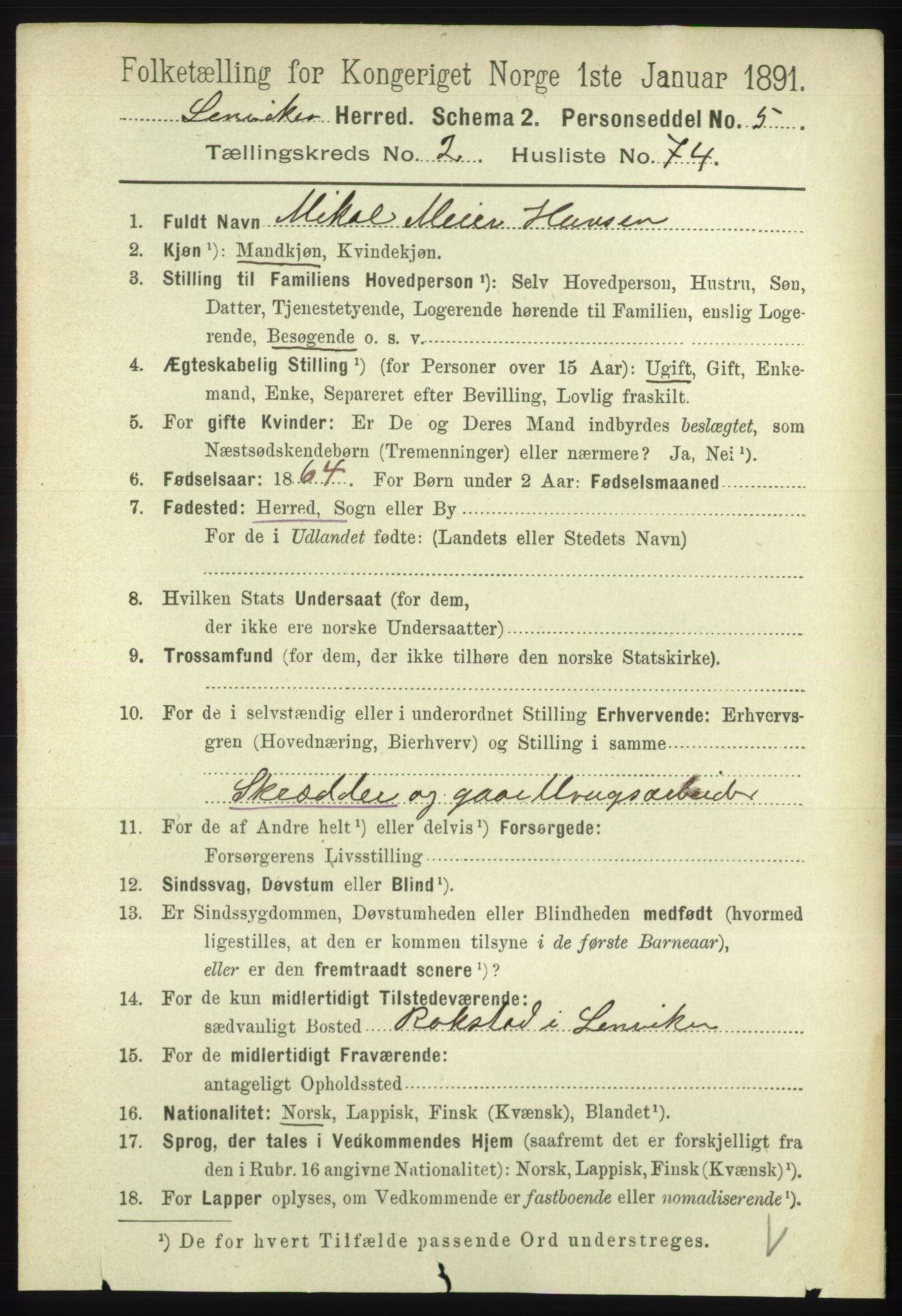 RA, 1891 census for 1931 Lenvik, 1891, p. 1278